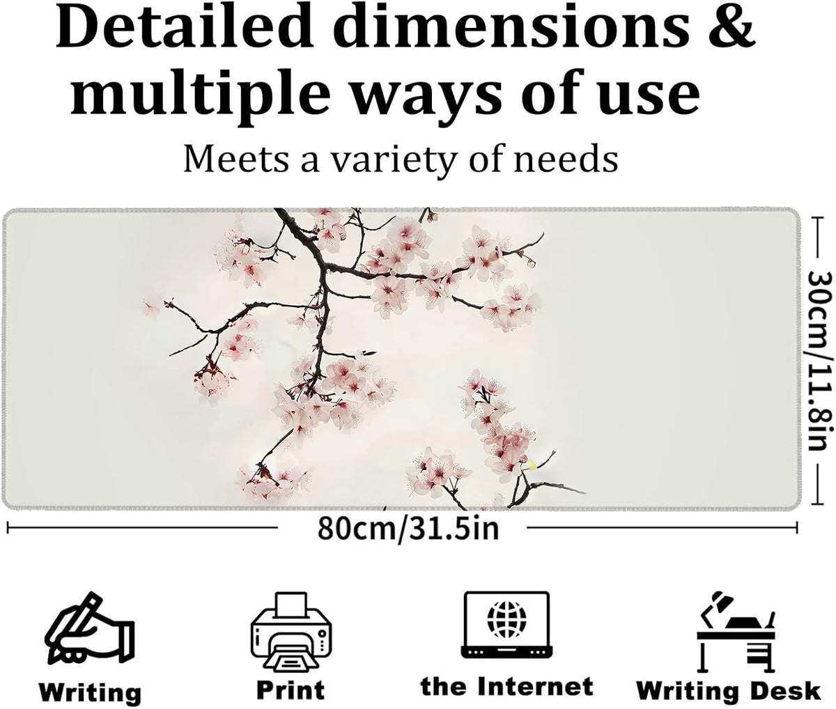 Elegant Cherry Blossom Gaming Mouse Pad, Large Office Desk Mat, Anti-Slip Rubber Base Mousepad for Computer Laptop Keyboard, Smooth Desk Pad for Home Office Gamer Work Accessories 31.5" x 11.8"