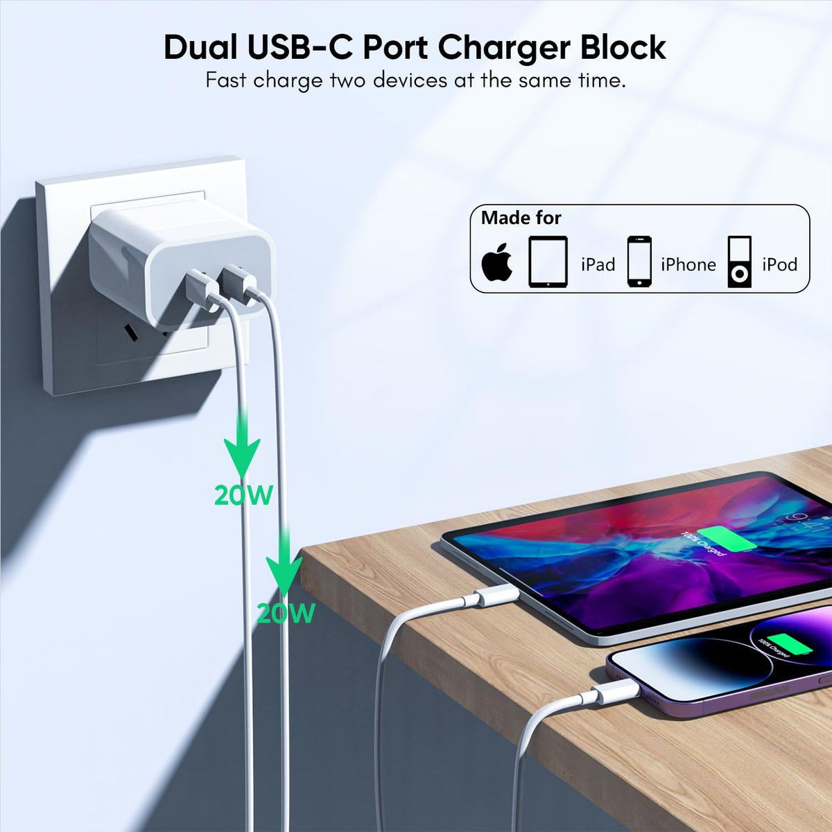 iPhone Charger [Apple MFi Certified] 2Pack PD Dual USB C Charger Block Fast Charging Wall Charge Plug with 10FT Long Rapid Type C - Lightning Cable Apple Charge for iPhone 14/13/12/11/XS/XR/SE, iPad