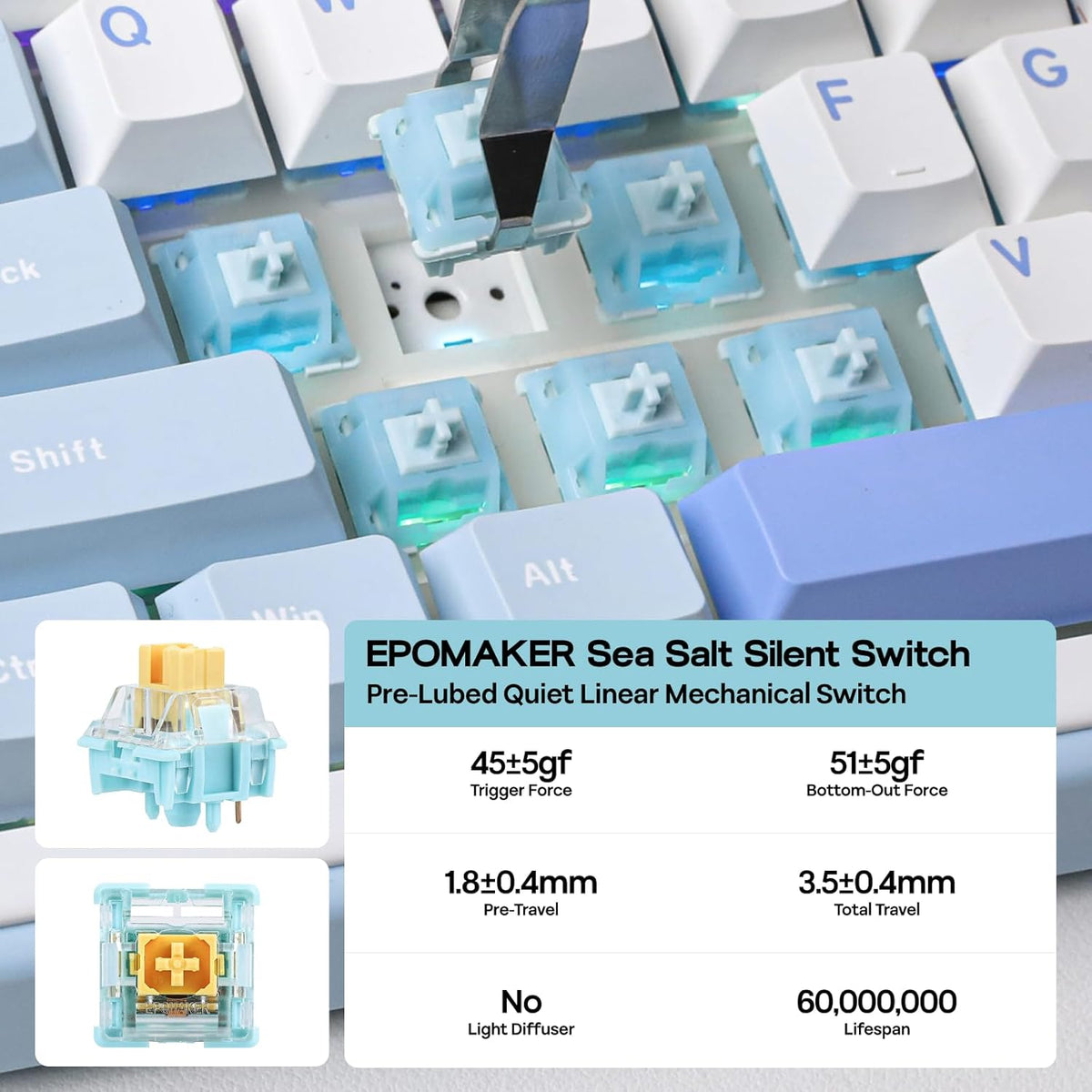 EPOMAKER TH99 Wireless Mechanical Keyboard with Lubed Silent Switch, Quiet Gaming Keyboard, 8000mAh,Creamy Gasket,RGB Backlit,Numpad,PBT Keycap,Hot Swappable,for Gamers/Office (Blue&White)