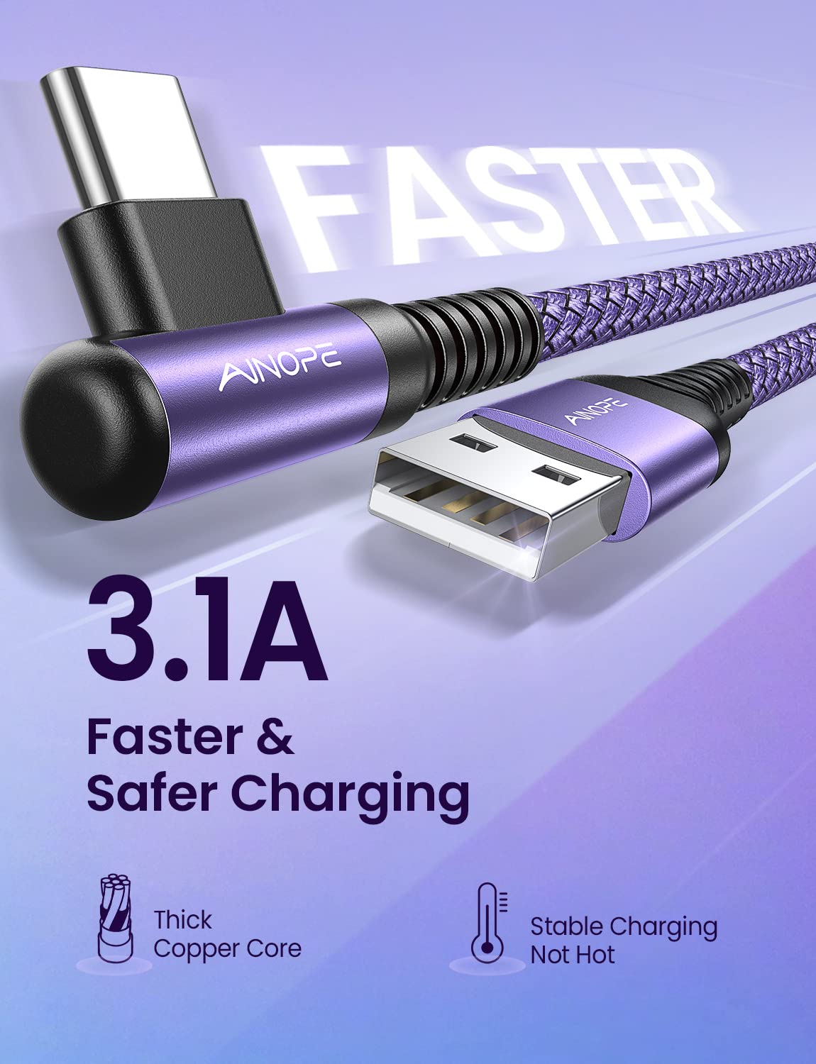 AINOPE 4-Pack [10/6.6/3.3/3.3ft] USB C Cable, 3.1A C Charger Cable Fast Charging, Right Angle Type C Charger Nylon Braided Compatible with Galaxy S10 S9 S8 Plus S21 S20, Note 10 9 8, LG Google Pixel