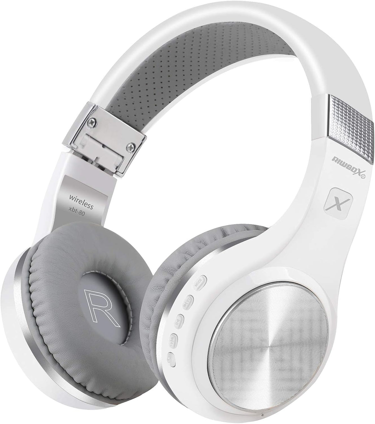 Riwbox Bluetooth Headphones, XBT-80 Folding Stereo Wireless Bluetooth Headphones Over Ear with Microphone and Volume Control, Wireless and Wired Headset for PC/Cell Phones/TV/iPad (Silver White)