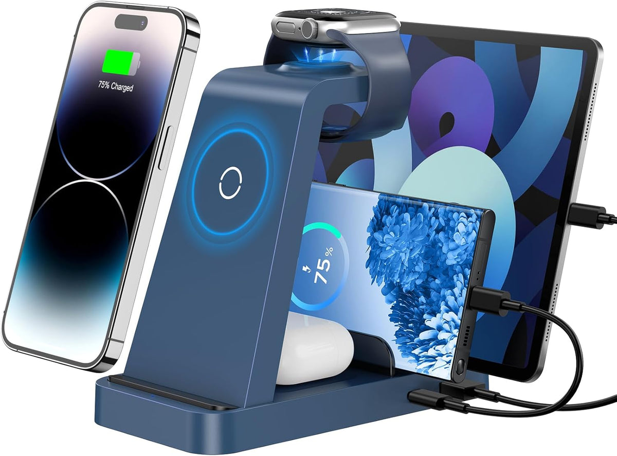 Wireless Charger for iPhone - 5 in 1 Charging Station for Multiple Devices Apple: Fast Wireless Charging Stand Dock for iPhone 16e 16 15 14 13 12 Pro Max Apple Watch Airpods(Blue)