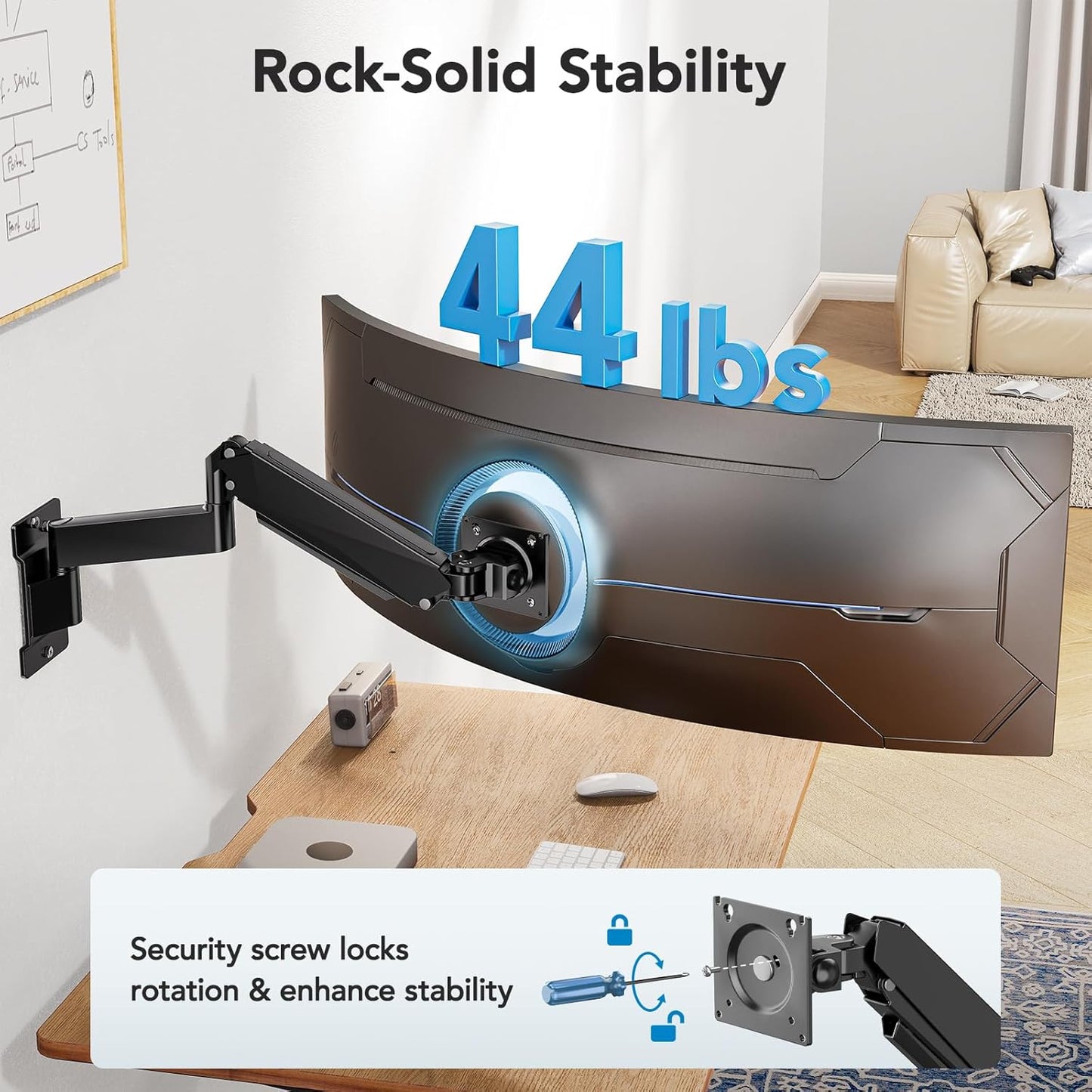 HUANUO 49 inch Ultrawide Monitor Wall Mount, Heavy Duty Screen Arm with Premium Aluminum, Supports up to 44 lbs, Gas Spring Wall Mount Monitor Arm for Height Adjustment, Tilt, Swivel, Rotate
