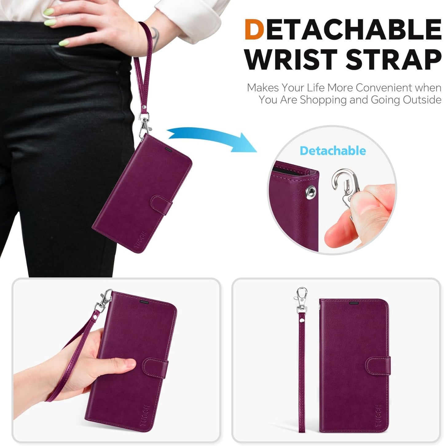 TUCCH Case Wallet for Galaxy S25 Plus, [Detachable] 2 in 1 Magnetic PU Leather Wrist Strap RFID Blocking [Wireless Charging] 4 Card Slot Kickstand Removable Flip Cover for Galaxy S25 Plus, Plum Purple
