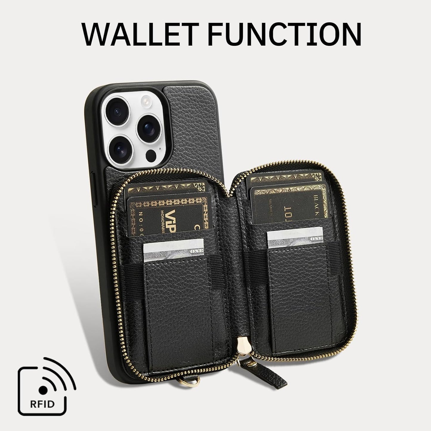 ZVE for iPhone 15 Pro Max Wallet Case with Card Holder Wrist Strap, RFID Blocking Zipper Leather Cover for Women for iPhone 15 Pro Max, 6.7"(2023) - Black