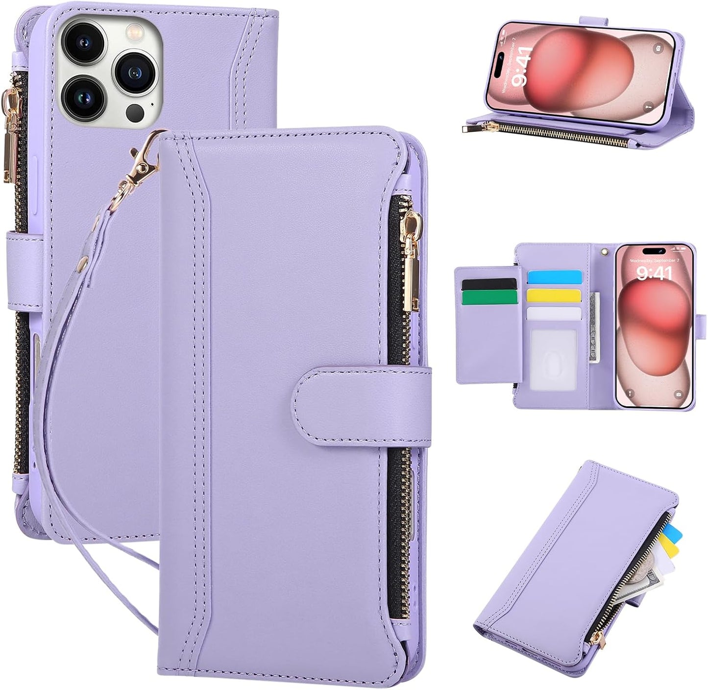 Compatible with iPhone 15 Pro Max Wallet Phone Case-PU Leather Magnetic Flip Cover with Credit Card Slots,Zipper Pocket & Detachable Wrist Strap,Shockproof Design,for Women and Men-Purple