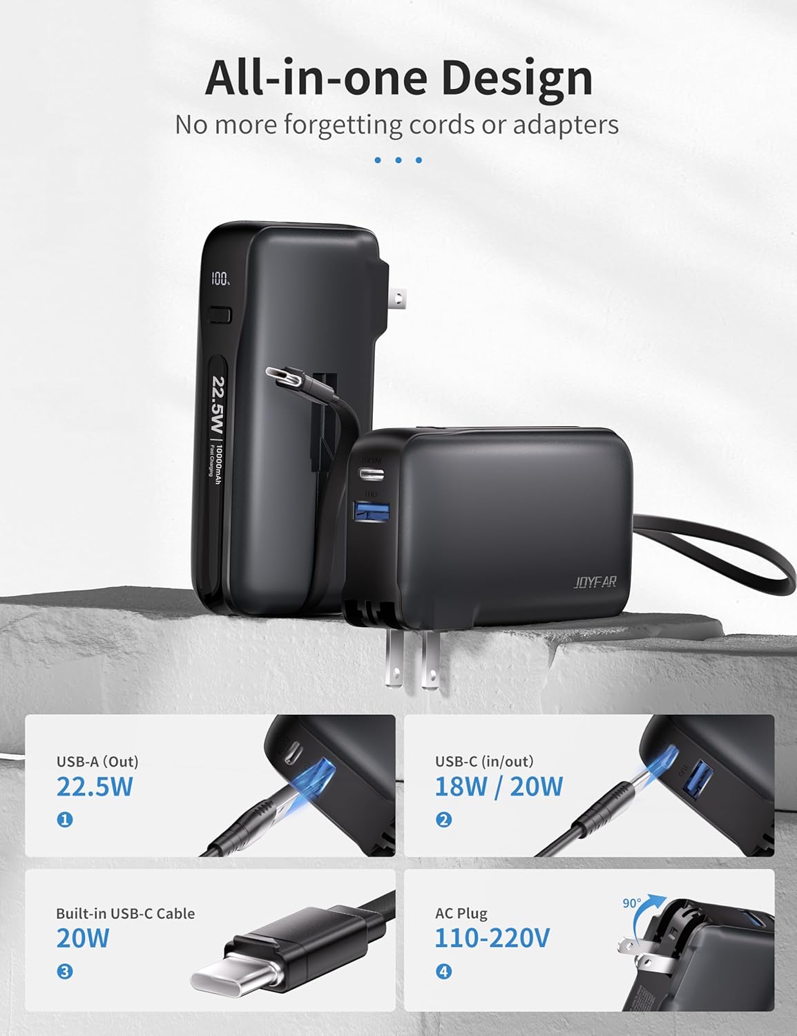 1 Pack Portable Charger with Built-in USB-C Cable & Plug, 10,000mAh 5V/4.5A Power Bank Fast Charging 22.5W, Travel Essential Battery Pack 3 Output for iPhone 16/15 Series, Samsung Galaxy, iPad