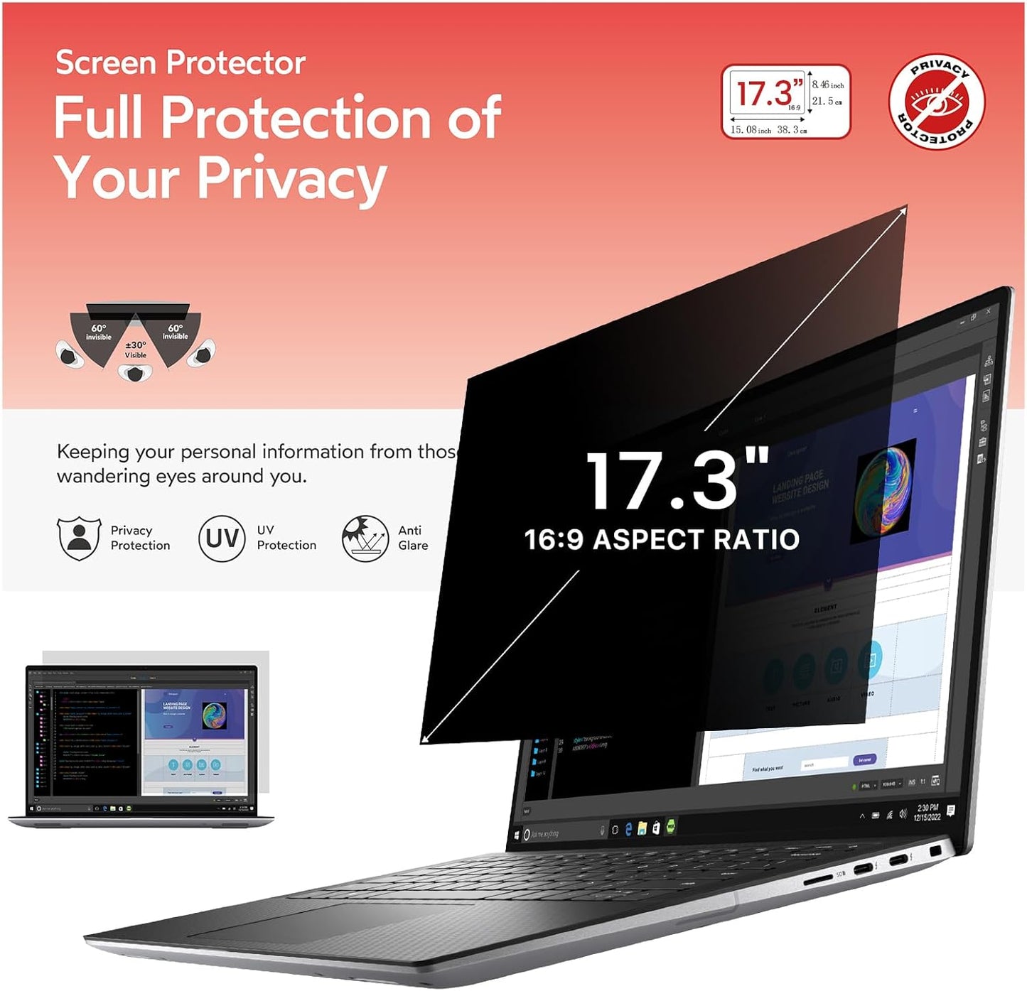 bersem 17.3 Inch Laptop Privacy Screen for 16:9 Ratio Computer Monitor, Anti-Glare, Blue Light Filter, Removable, UV-Blocking, 1 Pack