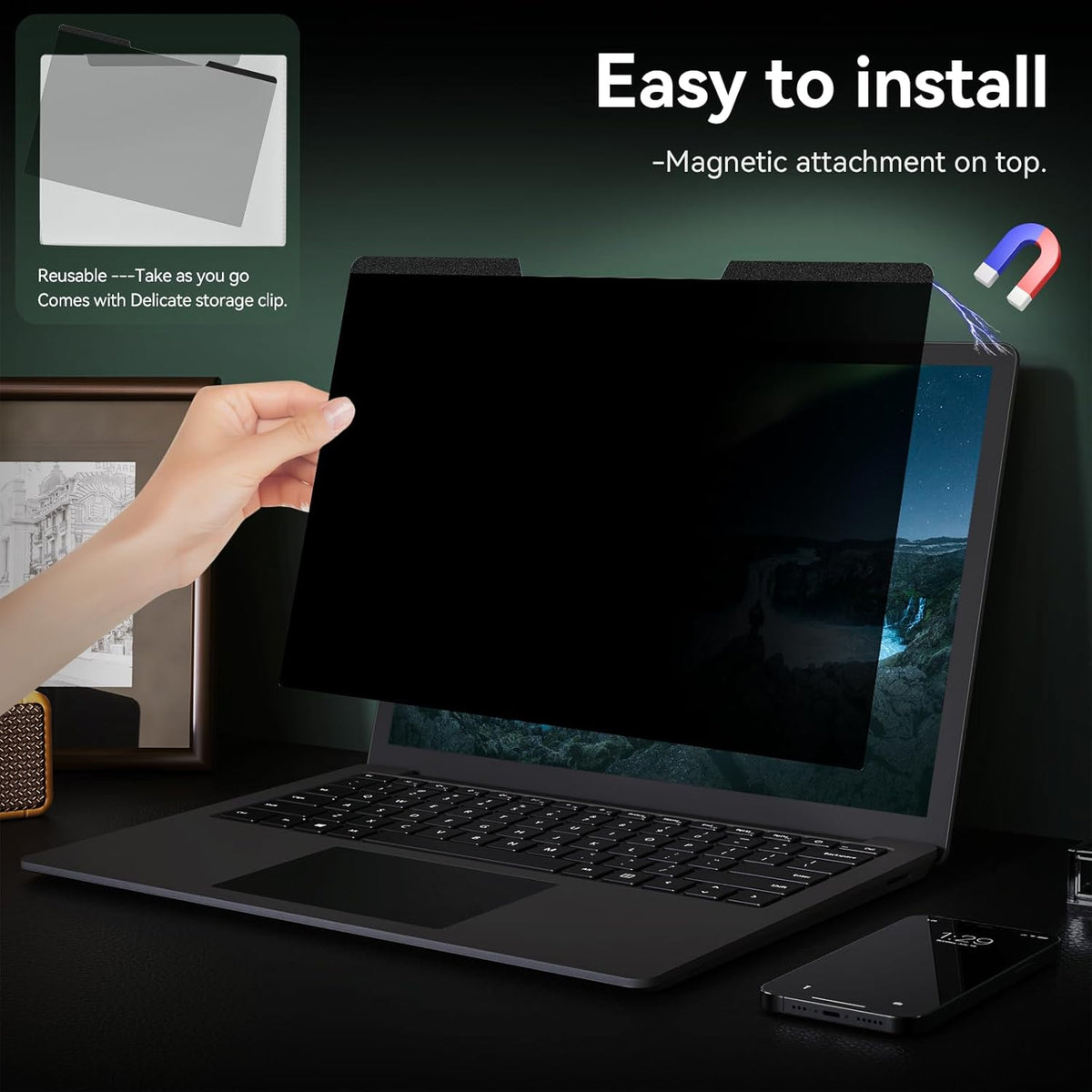 Magnetic Laptop Screen Privacy Shield 16:9 Aspect Ratio Anti-Glare Blue Light Monitor Protector, Removable 13.3in Film for Lenovo HP Acer Asus Thinkpad Envy Xps