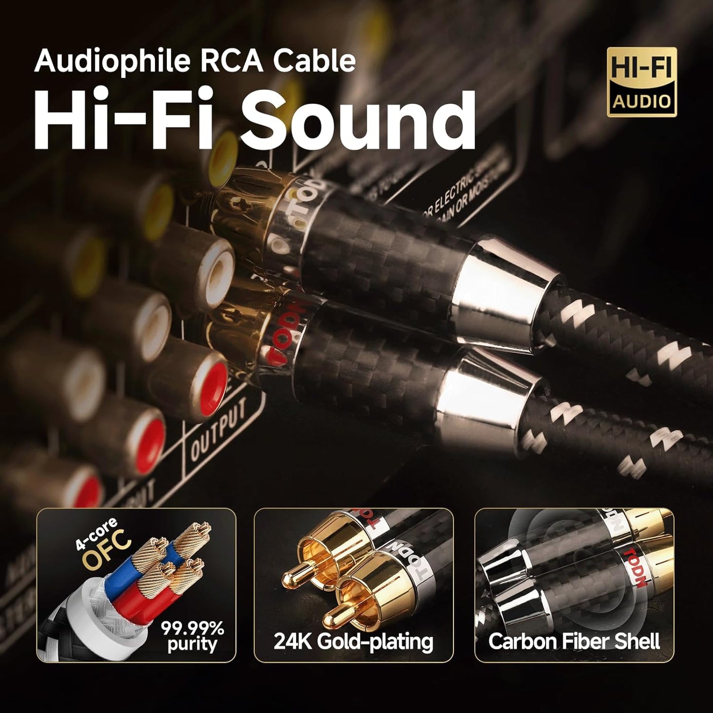 TODN Audiophile RCA Cables Stereo Shielded HiFi 2RCA Male to Male for Subwoofer, Phono, Car Audio (1.64ft/0.5m, 1 Pair)