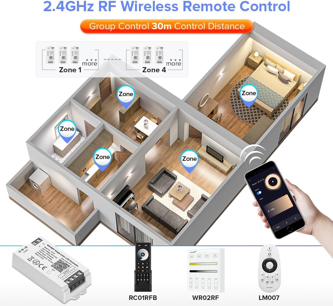 BTF-LIGHTING C01W Monochrome PWM (+V -V) 2PIN LED Strip Dim Brightness 2.4GHz Tuya WiFi Group Controller Alexa Google Home Smartphone APP Control Compatible with WR02RF RC01RFB Remote