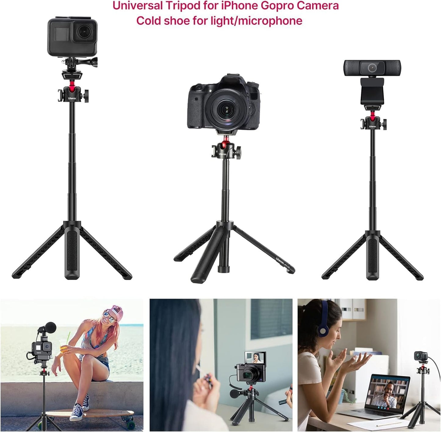 ULANZI MT-16 Extendable Mini Camera Tripod, 4 Levels Adjustment 360° Ball Head Cold Shoe Lightweight Portable Vlog Travel Selfie Stick Handle Grip Desktop Webcam Tripod for DSLR Action Camera
