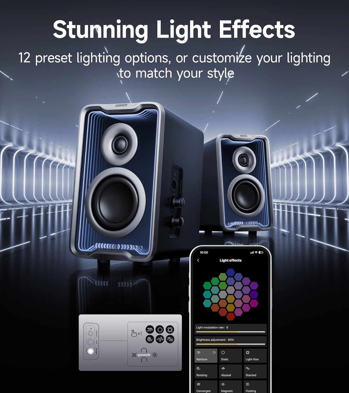 Edifier QR30 2.0 Desktop Active Speaker, Compact Bluetooth V5.4 Computer Speakers, Wireless Bookshelf Speaker, 30W (RMS), 3.5mm AUX & USB-A Wired Input, Dynamic Light Effects, App Control, Black