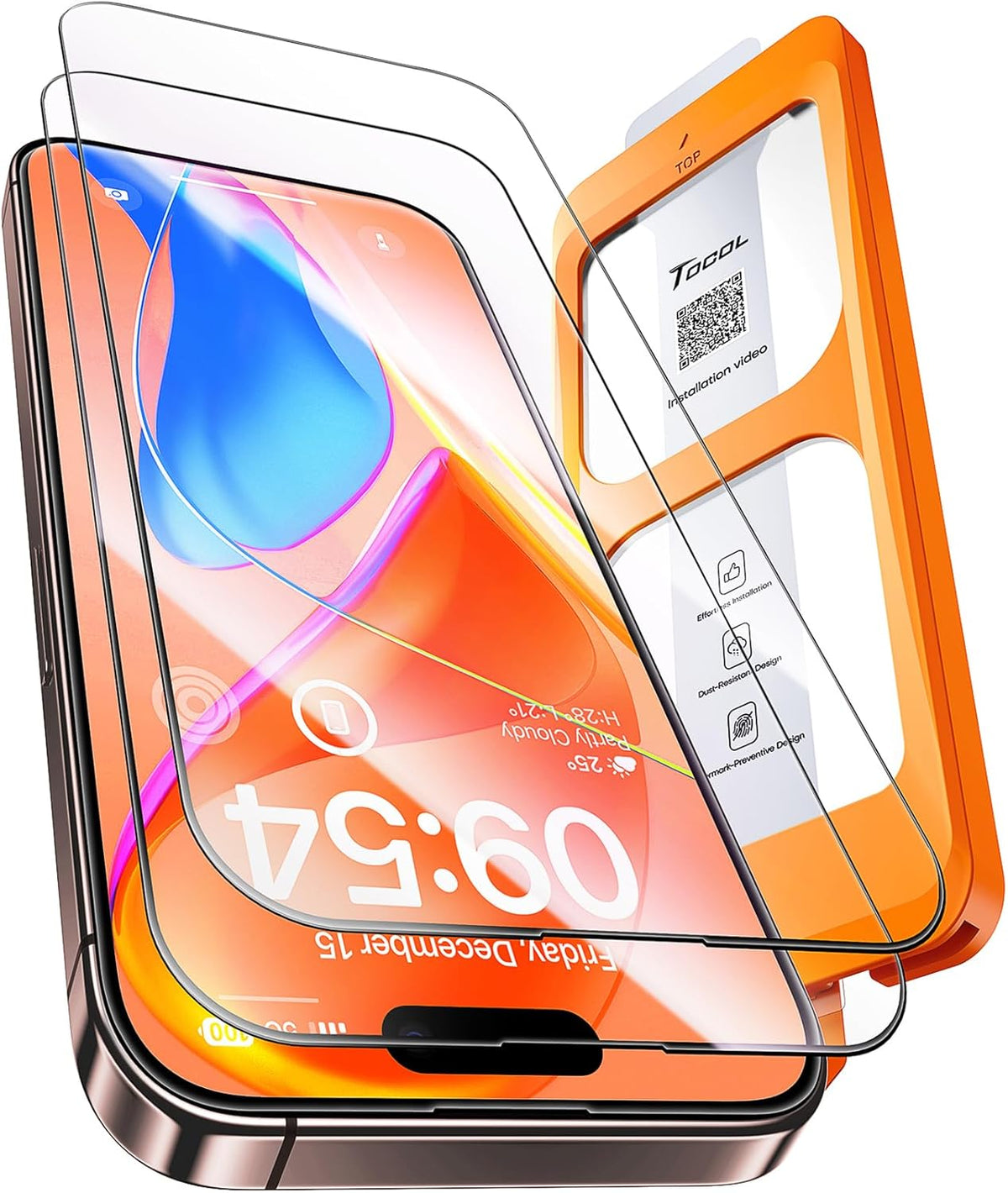 TOCOL for iPhone 15 Pro Screen Protector 9H Hardness Military Grade Shatterproof HD Tempered Glass Full Coverage Easy Installation Case Friendly 2 Pack