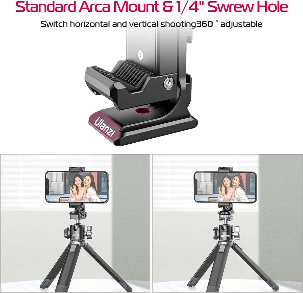 Metal Phone Tripod Mount 3 Cold Shoes & Arca Port, 360° Smartphone Tripod Adapter for iPhone 17 16 15 Cell Phone Stand Holder for Desktop Video Live Streaming Vlogging Rig