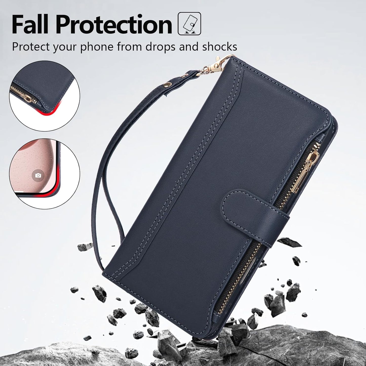 Compatible with iPhone 13 Pro Max Wallet Phone Case-PU Leather Magnetic Flip Cover with Credit Card Slots,Zipper Pocket & Detachable Wrist Strap,Shockproof Design,for Women and Men-Navy Blue