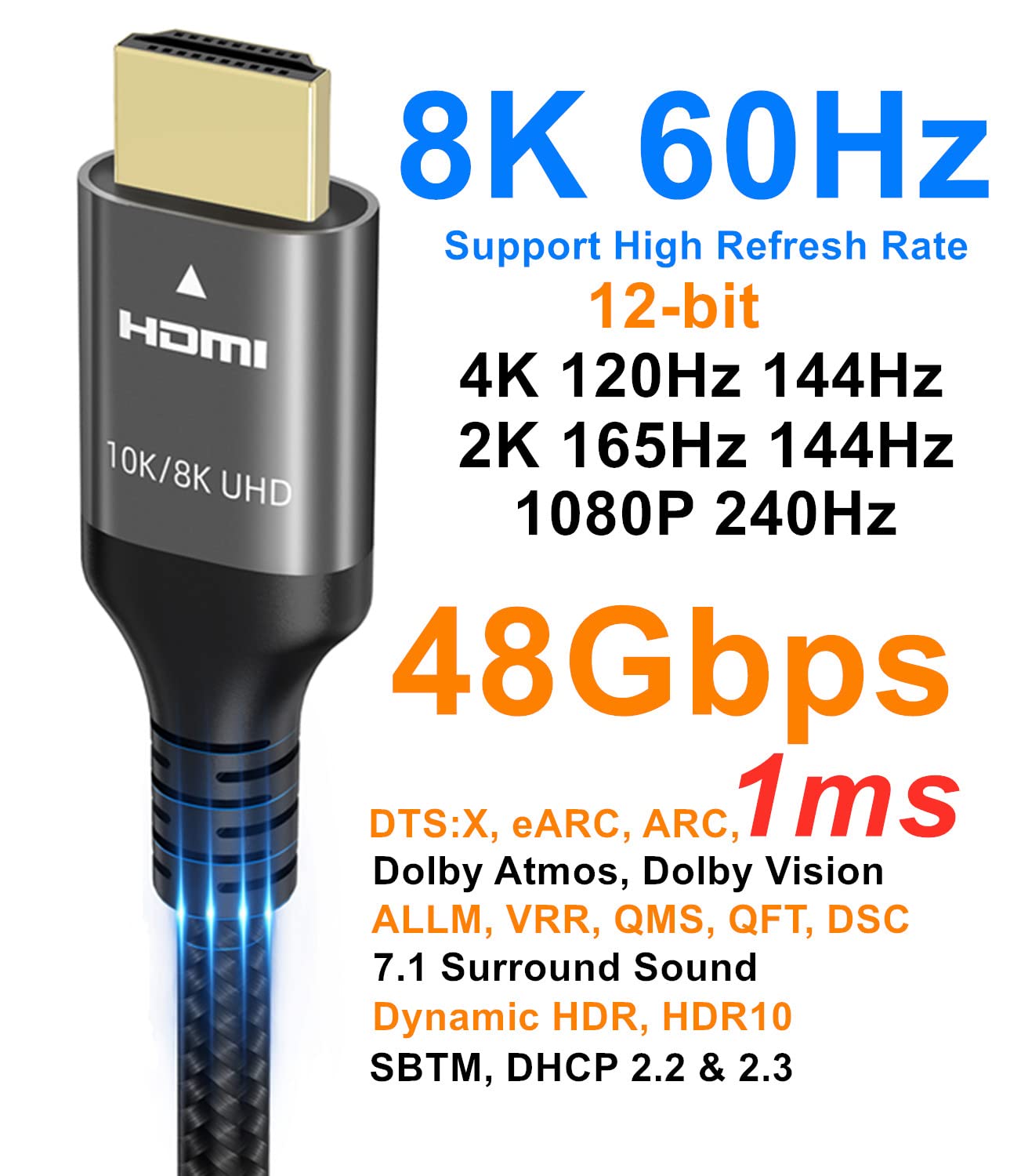 10K 8K 4K HDMI Cable 48Gbps 10 FT, Certified Ultra High Speed HDMI® Cable 4K 240Hz 144Hz 120Hz 8K60Hz 0.01ms HDR10+ eARC HDCP2.3 Netflix Roku TV PC Monitor Projector PS5 Xbox