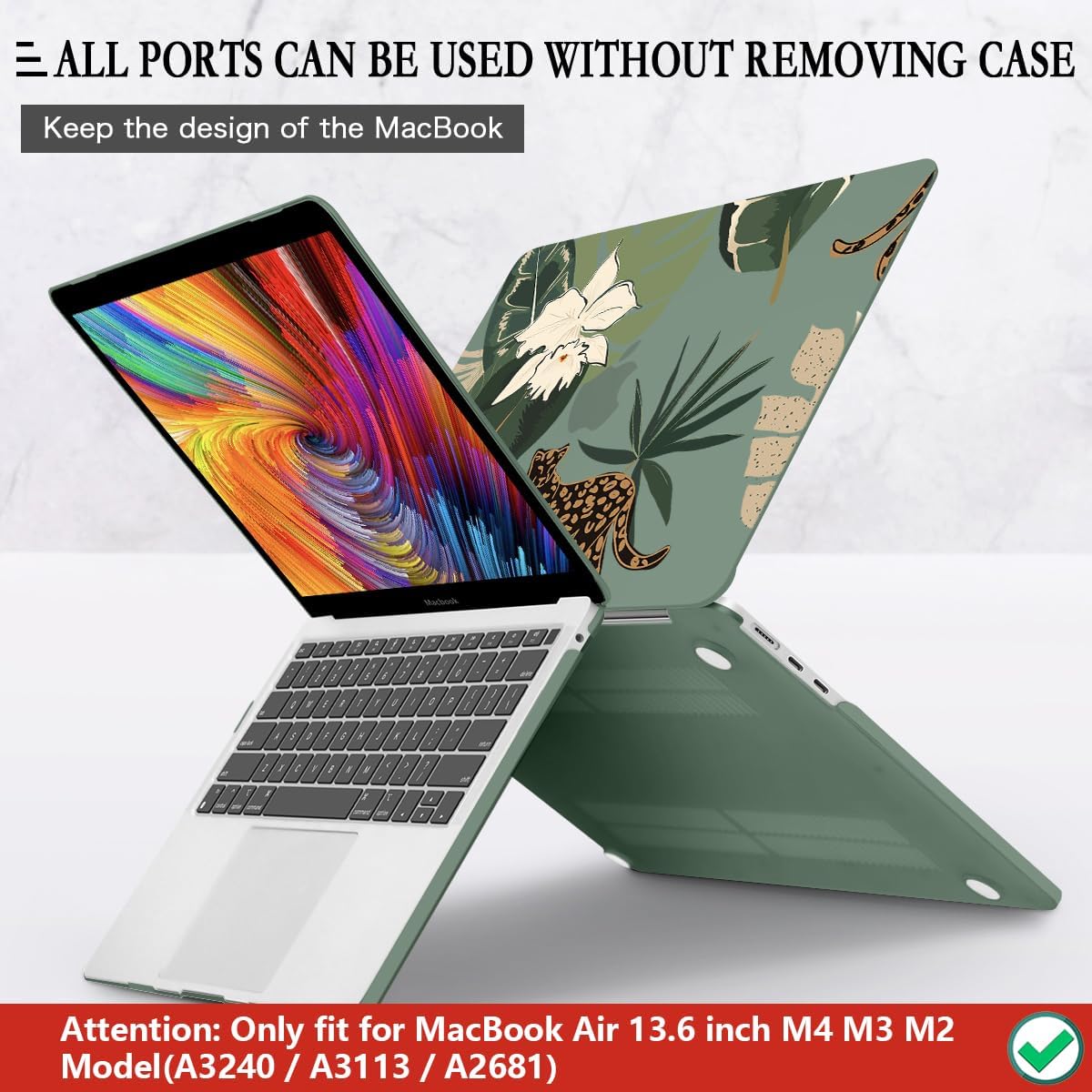 CISSOOK for MacBook Air 13.6 Inch Case 2024 2025 Model A3240 A3113 A2681, Panther Leopard Midnight Green Cover with Keyboard Cover for MacBook Air 13.6 M2 M3 M4 - Leopard