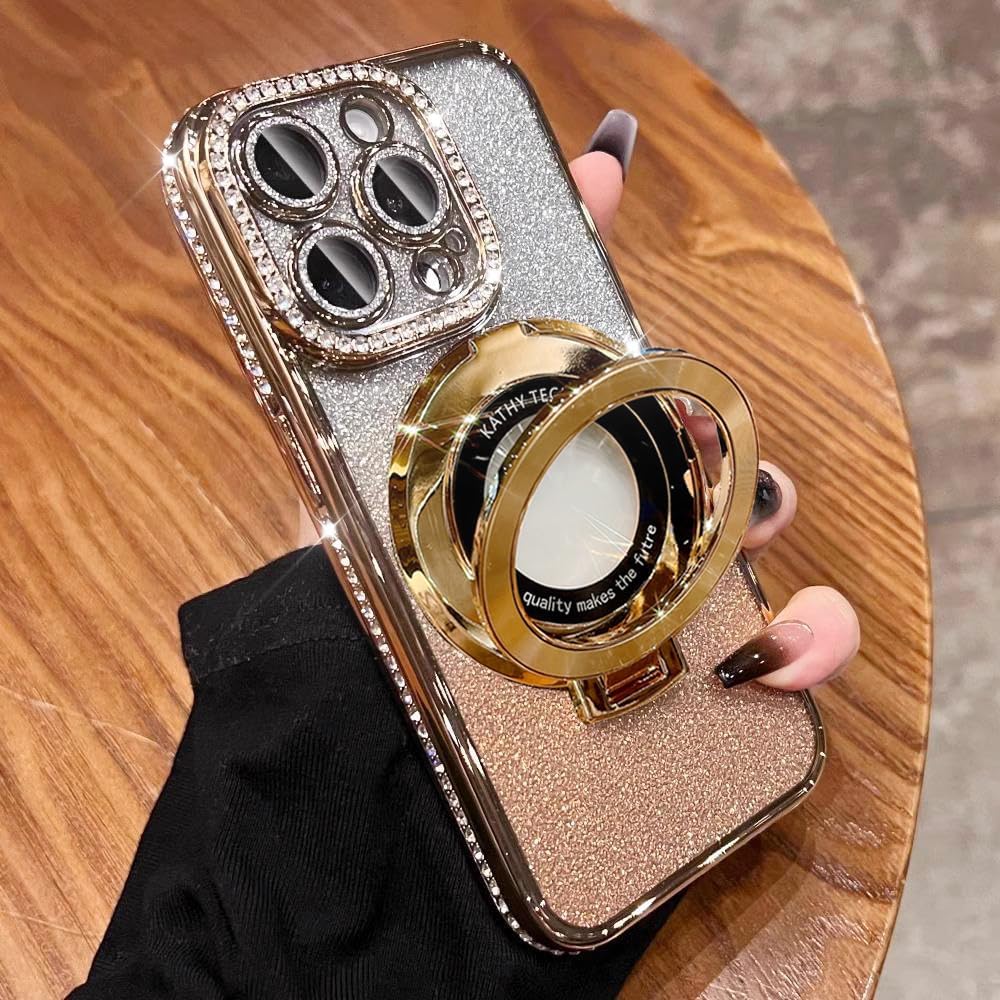 Magnetic Kickstand (Glitter Lens Protector ) Case for iPhone 15 14 13 12 Pro Max (Compatible with Magsafe ) Sparkling Diamond Cover Glitter Shiny Rhinestone Cases (Gold,for iPhone 15 Plus)