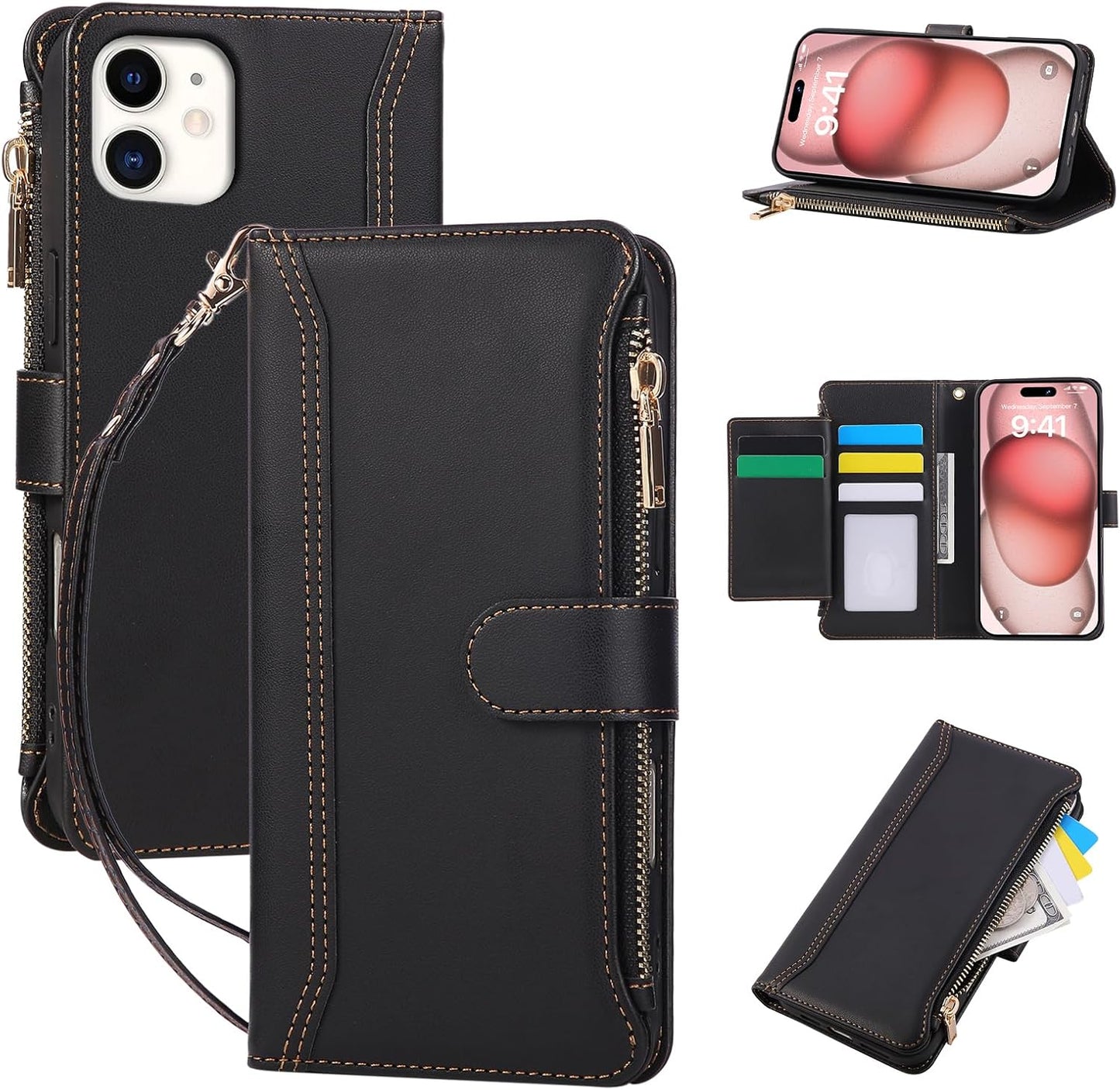 Compatible with iPhone 12/12 Pro Wallet Phone Case-PU Leather Magnetic Flip Cover with Credit Card Slots,Zipper Pocket & Detachable Wrist Strap,Shockproof Design,for Women and Men-Black