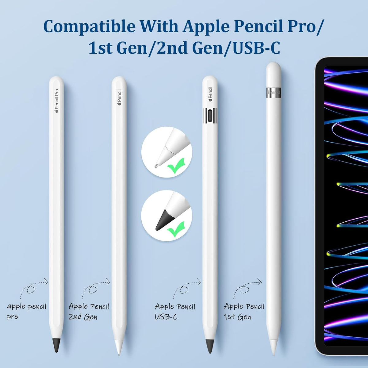Replacement Tips for Apple Pencil 1st/2nd Gen,No Wear Out Upgraded Apple Pencil Tips,Metal Pencil Nibs for Precise Control - Pen Like 0.78mm Longer Tips for iPad Pencil - 2White+2Black