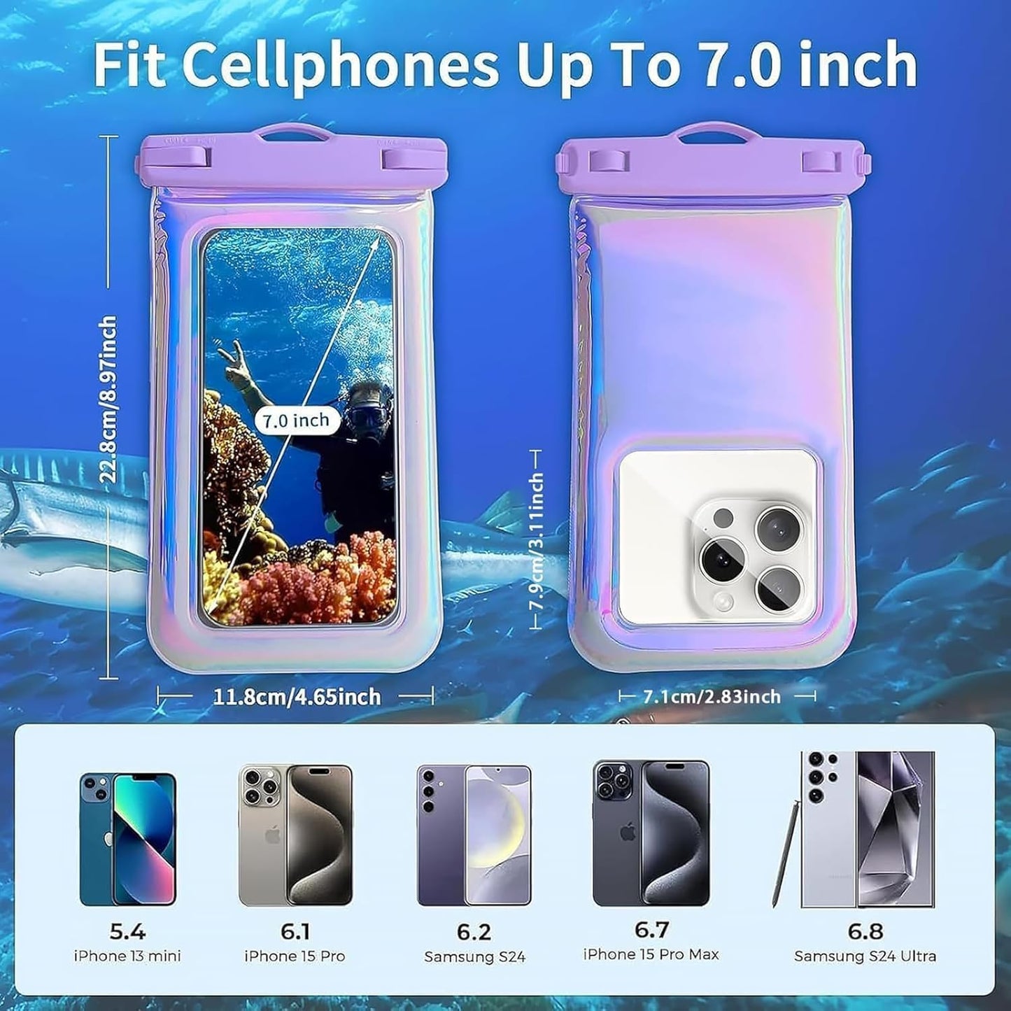 1 Pack Iridescent Waterproof Phone Pouch Compatible with iPhone 12/13/14/15/16 Pro Max, Beach Essentials IP68 Waterproof Dry Bag with Crossbody Lanyard, Purple - 7″