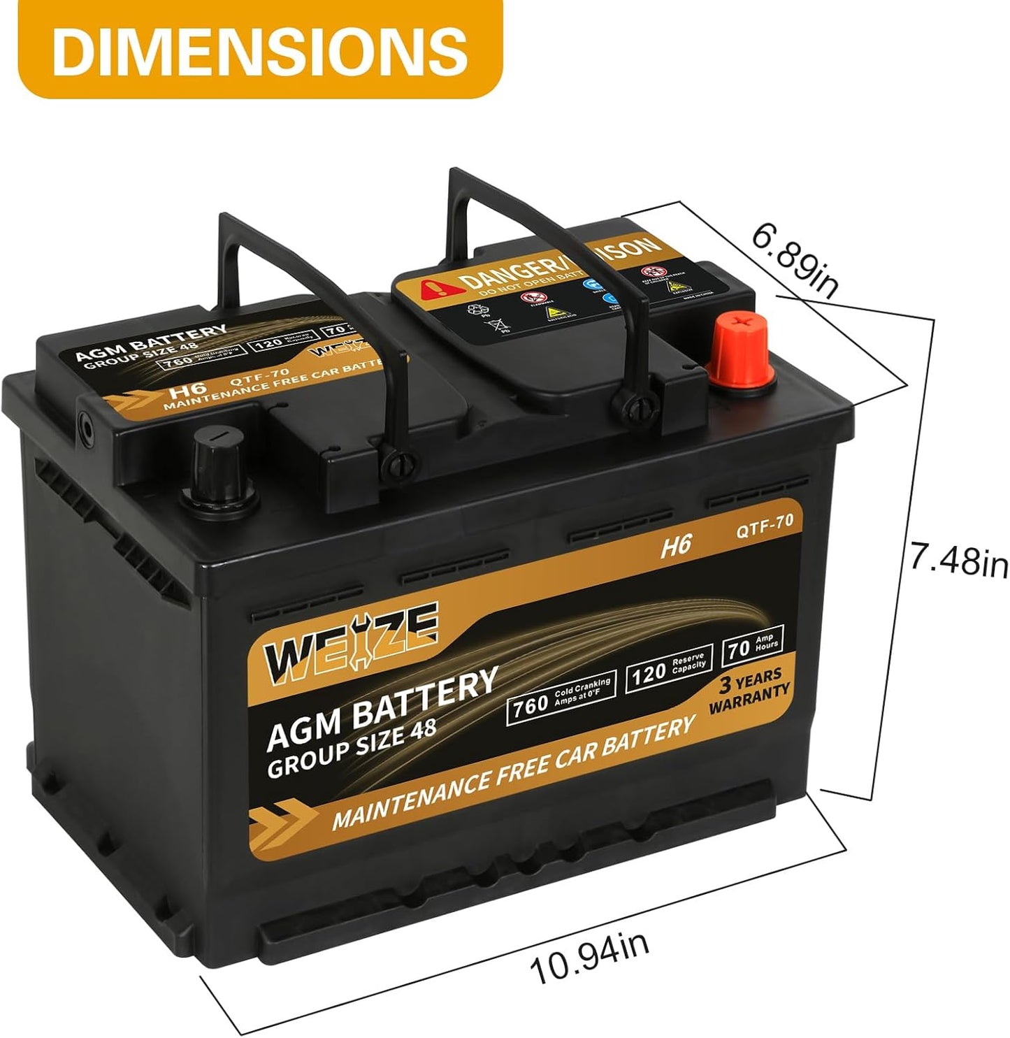 Weize Platinum AGM Battery BCI Group 48-12v 70ah H6 Size 48 Automotive Battery, 120RC, 760CCA, 36 Months Warranty, Dimensions 10.94" L x 6.89" W x 7.48" H