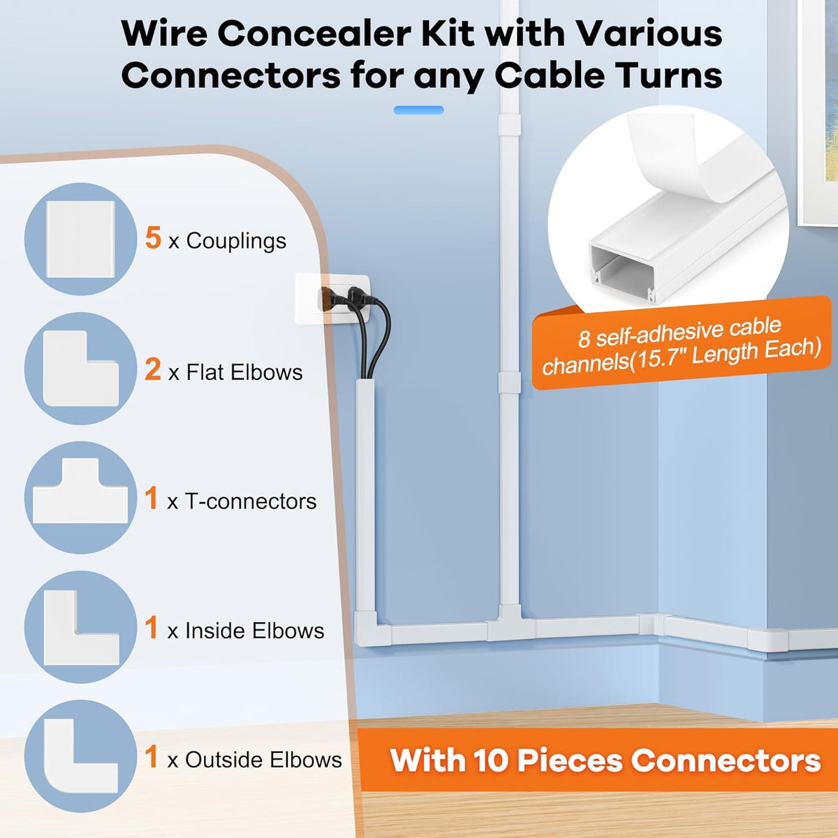 126in Cord Hider Kit, TV Wire Covers for Wall, Paintable Cable Management Kit, Cable Cover for Mounted TV, Hide Wires Along Wall, Brown Cord Cover, 8xL15.7in W0.95in H0.55in