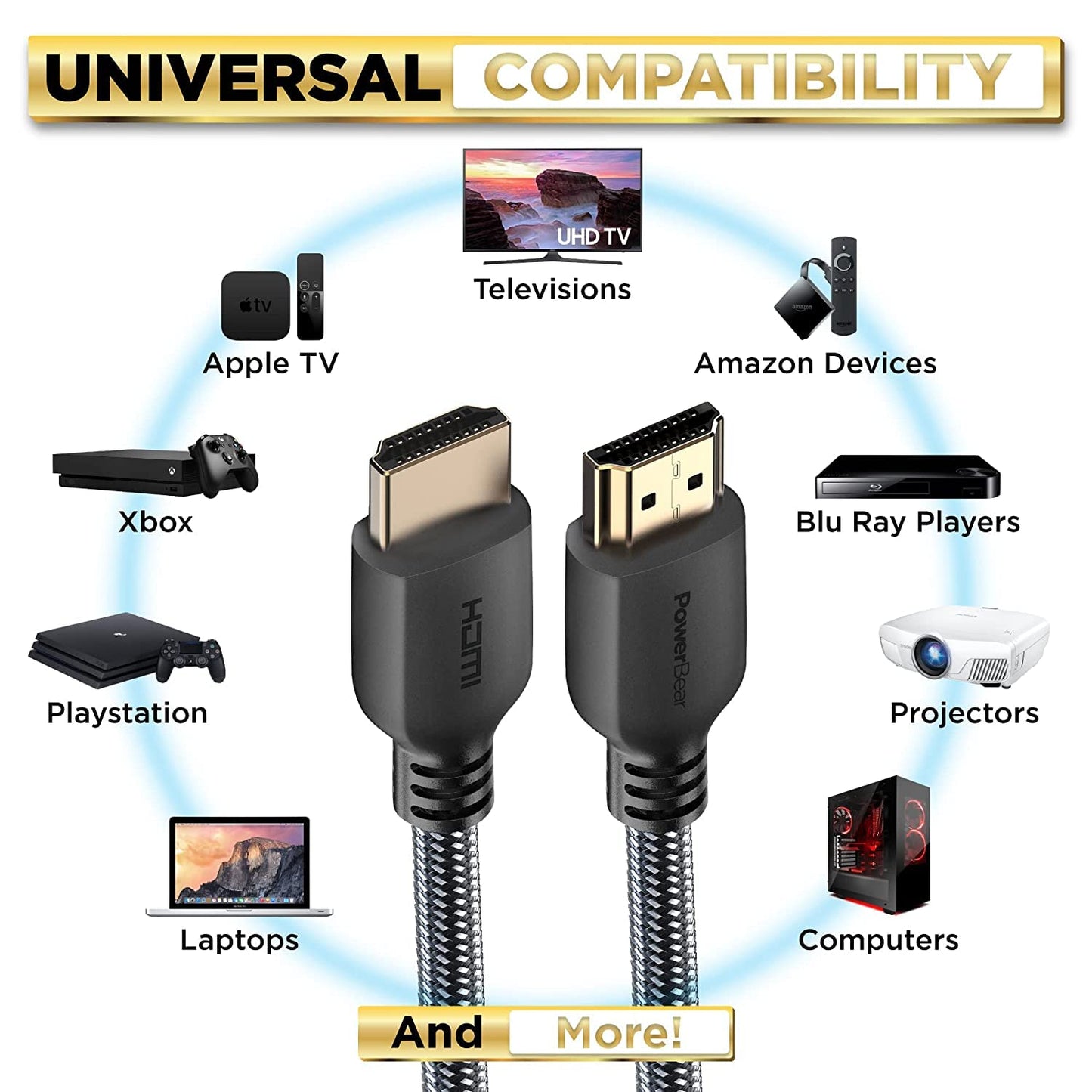 PowerBear 4K HDMI Cable 6 ft | High Speed, Braided Nylon & Gold Connectors, 4K @ 60Hz, Ultra HD, 2K, 1080P, ARC & CL3 Rated | for Laptop, Monitor, PS5, PS4, Xbox One, Fire TV, Apple TV & More