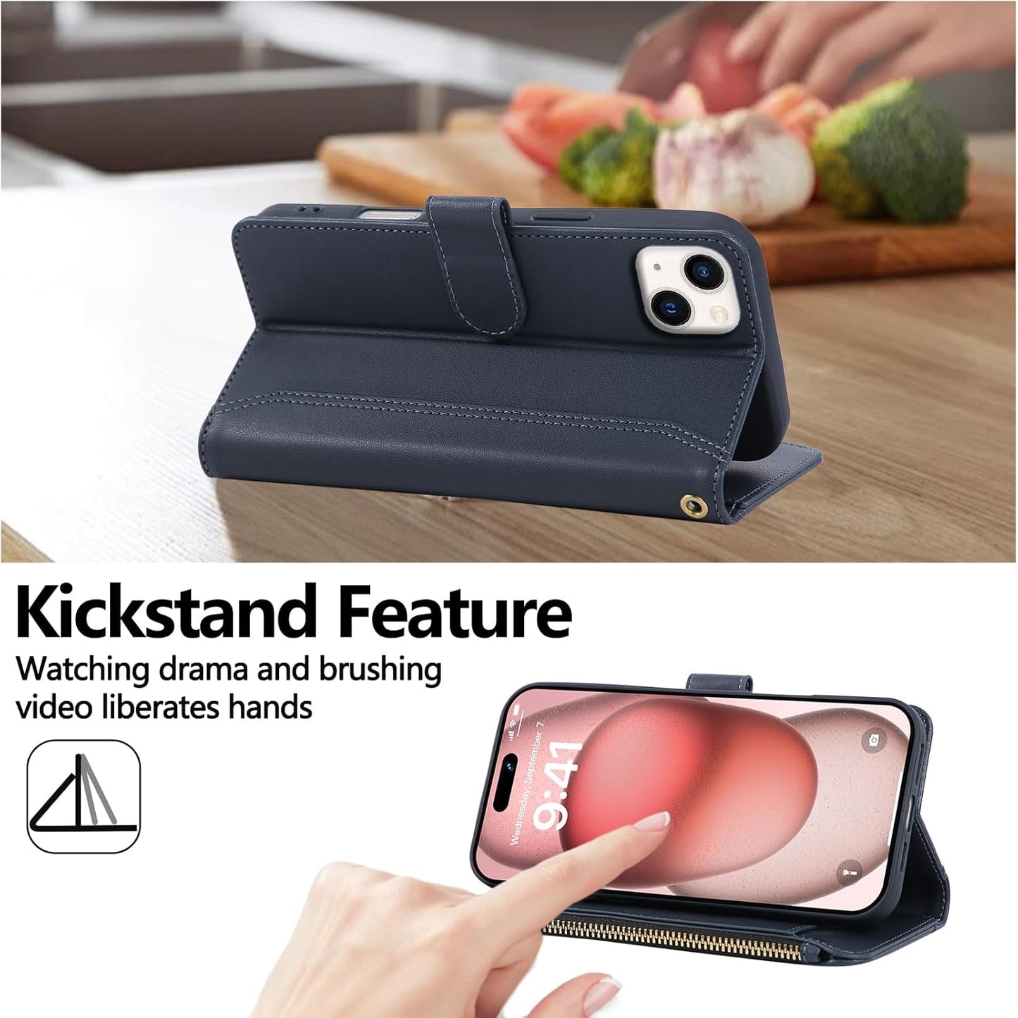 Compatible with iPhone 13/14 Wallet Phone Case-PU Leather Magnetic Flip Cover with Credit Card Slots,Zipper Pocket & Detachable Wrist Strap,Shockproof Design,for Women and Men-Navy Blue