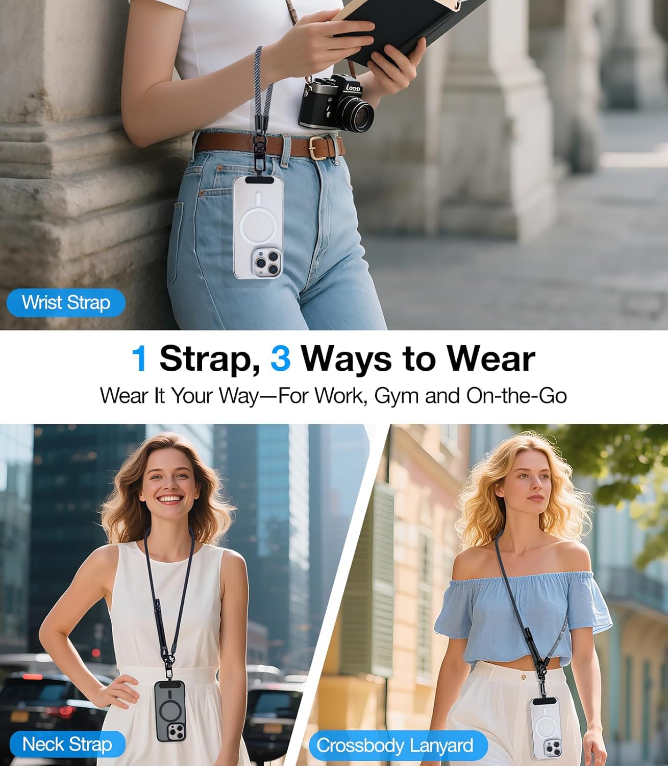 Phone Lanyard Crossbody, 3-in-1 Neck Strap& Wrist Strap, Adjustable Anti-Theft Lanyard with 2 Phone Tether Tabs, Universal Cell Phone Strap for iPhone& Android Case, Travel Essential, Grey