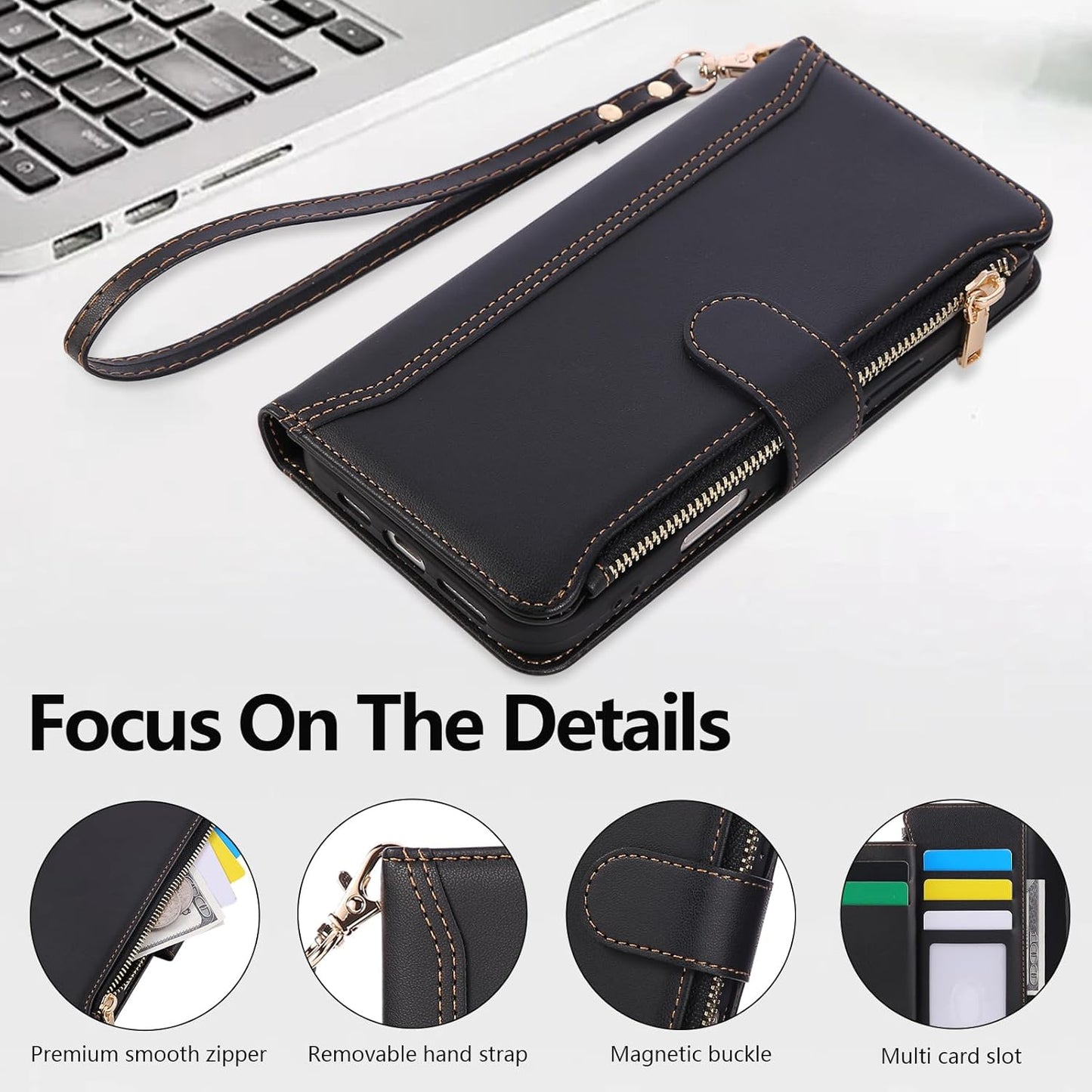 Compatible with iPhone 16 Pro Max Wallet Phone Case-PU Leather Magnetic Flip Cover with Credit Card Slots,Zipper Pocket & Detachable Wrist Strap,Shockproof Design,for Women and Men-Black
