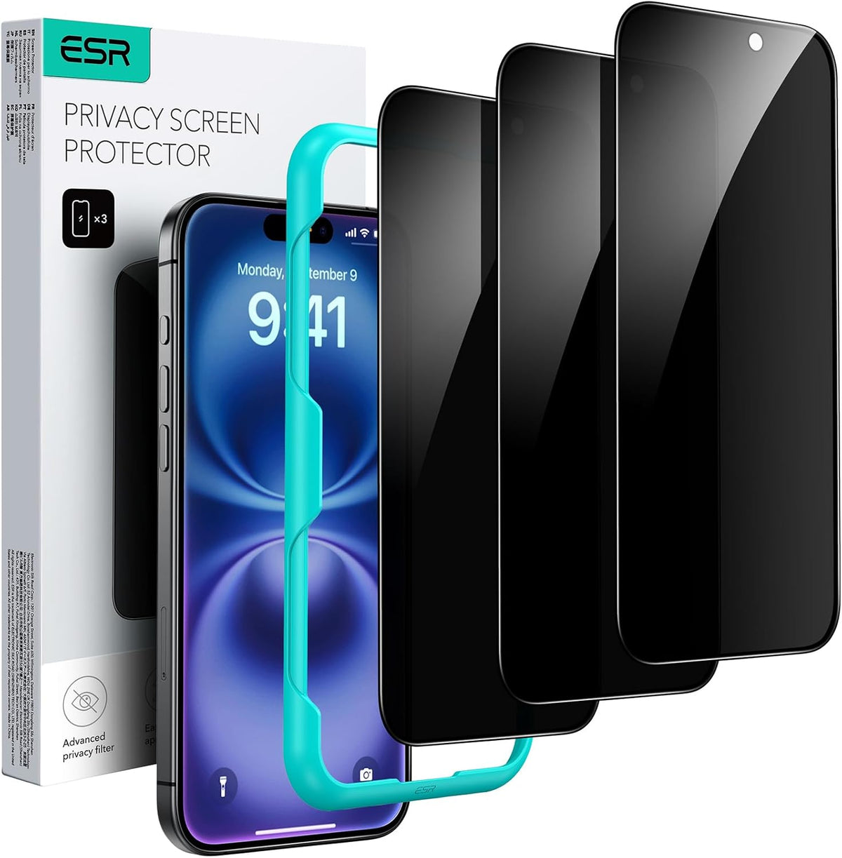 ESR 3 Pack for iPhone 16 / iPhone 15 Privacy Screen Protector, Anti-spy Tempered-Glass Privacy Screen Protector with Easy Installation Tool, Micro-Curved Edges, Case Friendly