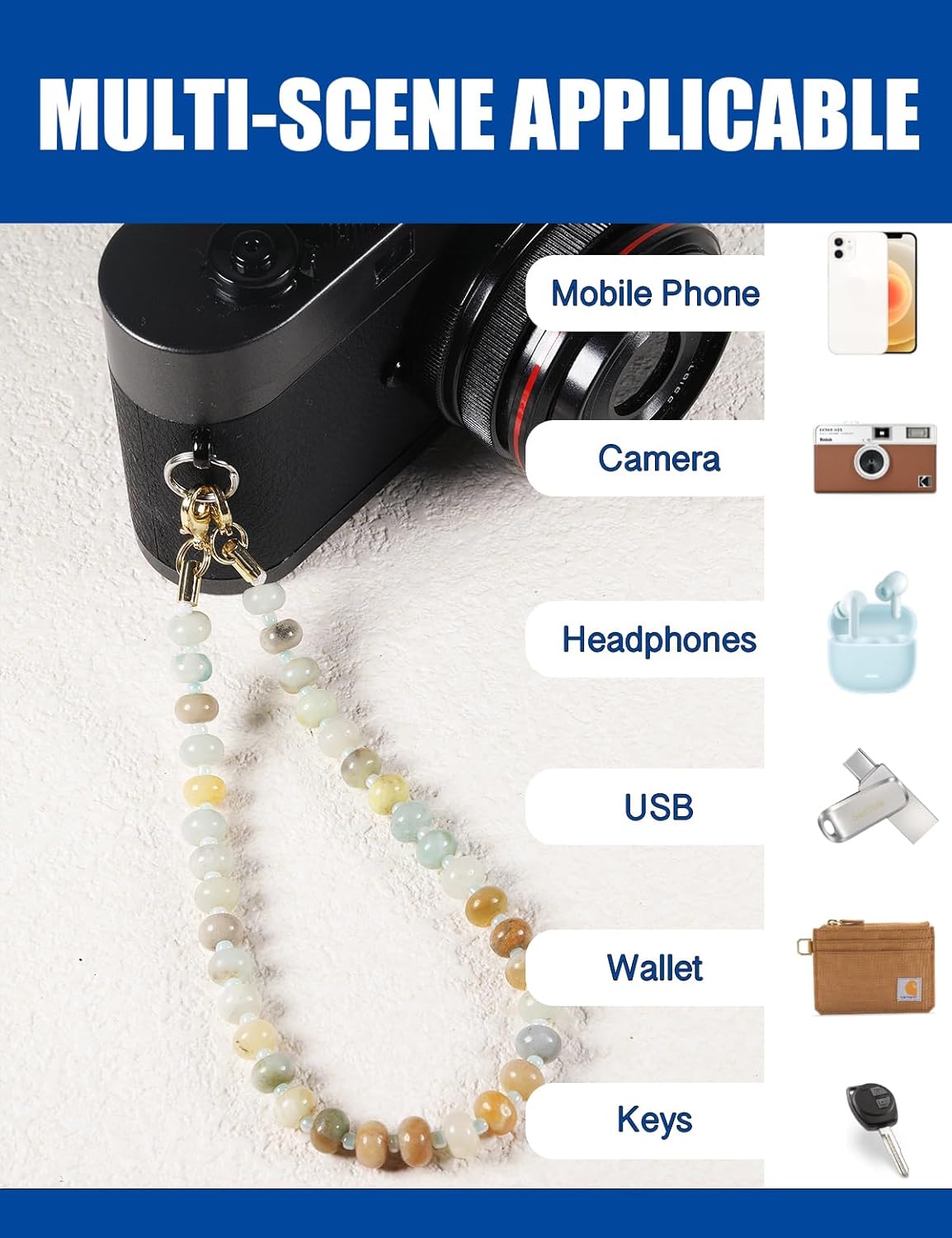 Handmade Natural Gemstone Crystal Beaded Charm Cell Phone Camera Lanyard, Hands-Free Wrist Strap, Phone Chain String, Keychain Decor for Walle (Pink Agate)