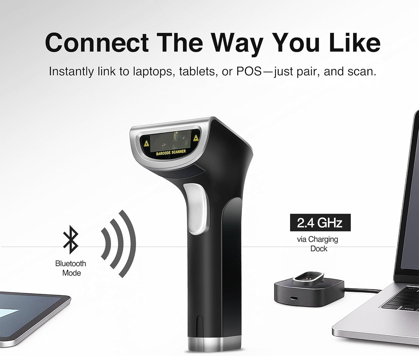 Scanmarker 1D/2D Wireless Barcode Scanner – Boost Speed & Accuracy with Bluetooth & 2.4G Modes – Handheld QR Code Scanner with Charging Stand for Easy scanning on Laptop, iOS & Android