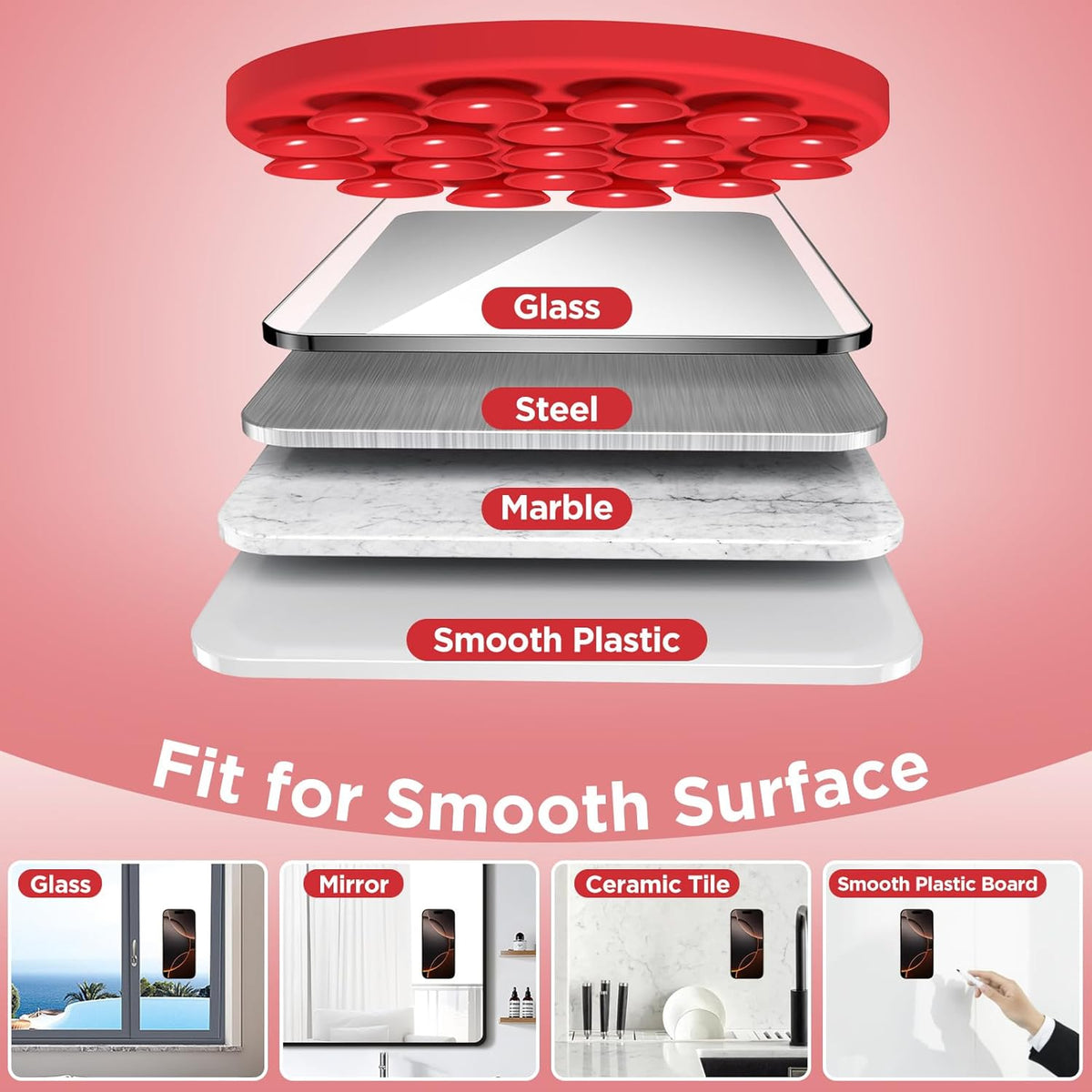Magnetic Suction Cup Phone Mount for MagSafe Case, Silicone Hands-Free Phone Grip Holder for iPhone and Android, Mirror Shower Phone Stand for Makeup FaceTime Gym Kitchen Bathroom, Red