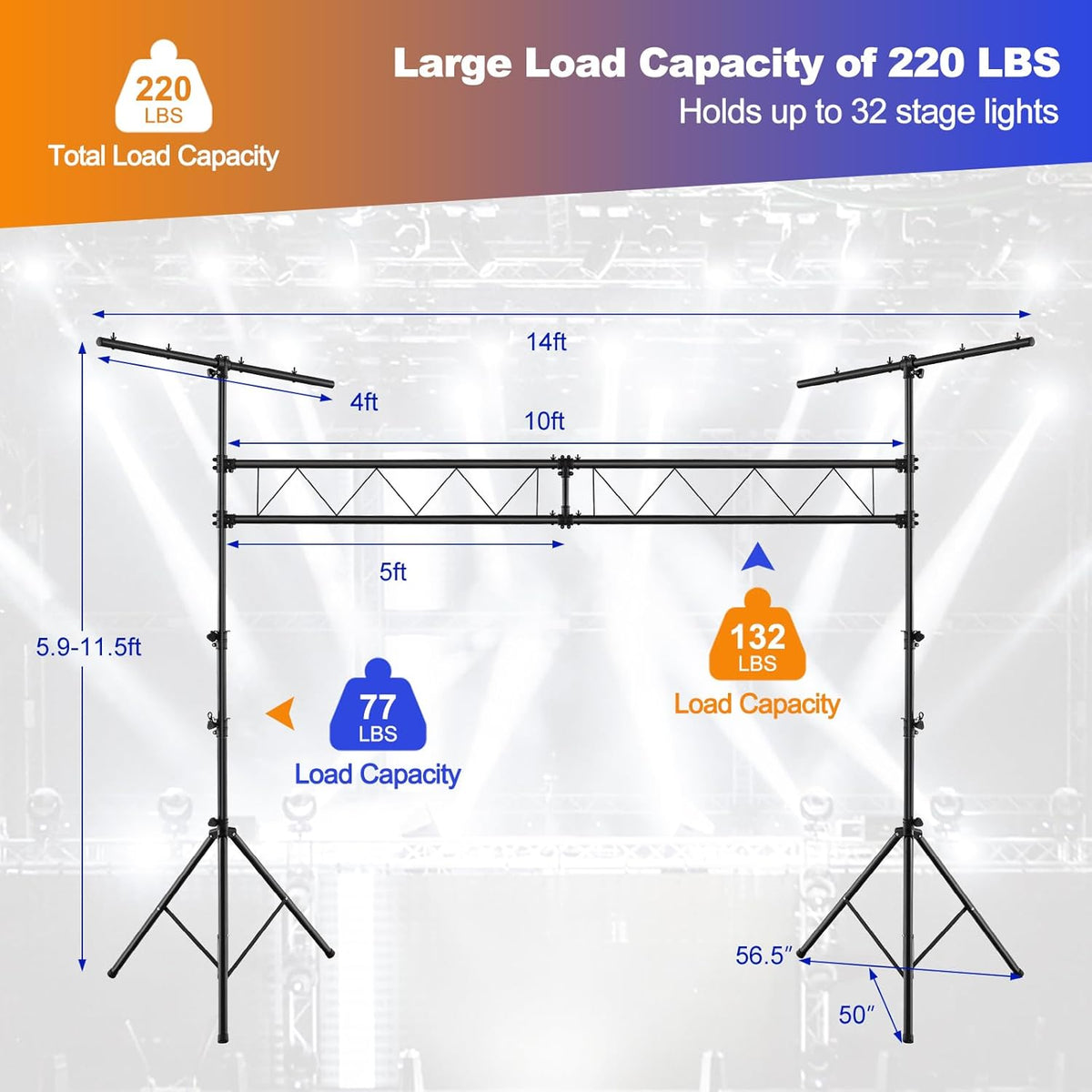 S AFSTAR DJ Light Stand, 14 FT Heavy Duty Metal Lighting Truss System W/Adjustable T Bars, 32 Mounting Points & Triangle Foot, Portable Truss DJ for Audio Stage, 220 Lbs Load (Lights Not Included)