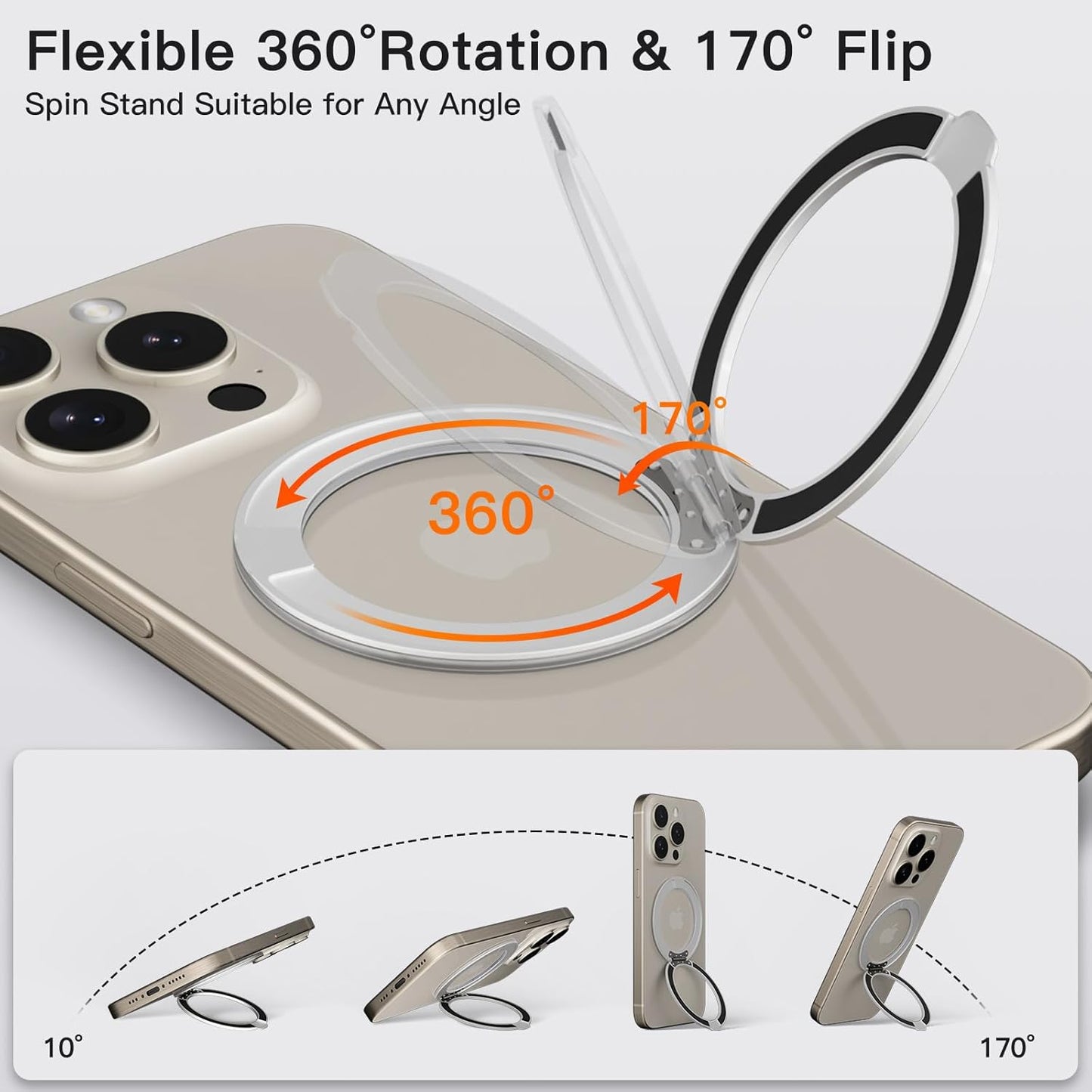 COOLQO 4Pcs 360 Spin Cell Grip Ring Phone Stand [Upgrade Gear Hinge Stress Anxiety Relief] Magnetic Holders for Your car Accessories Desk Mount Compatible with iPhone All Smartphones, Silver