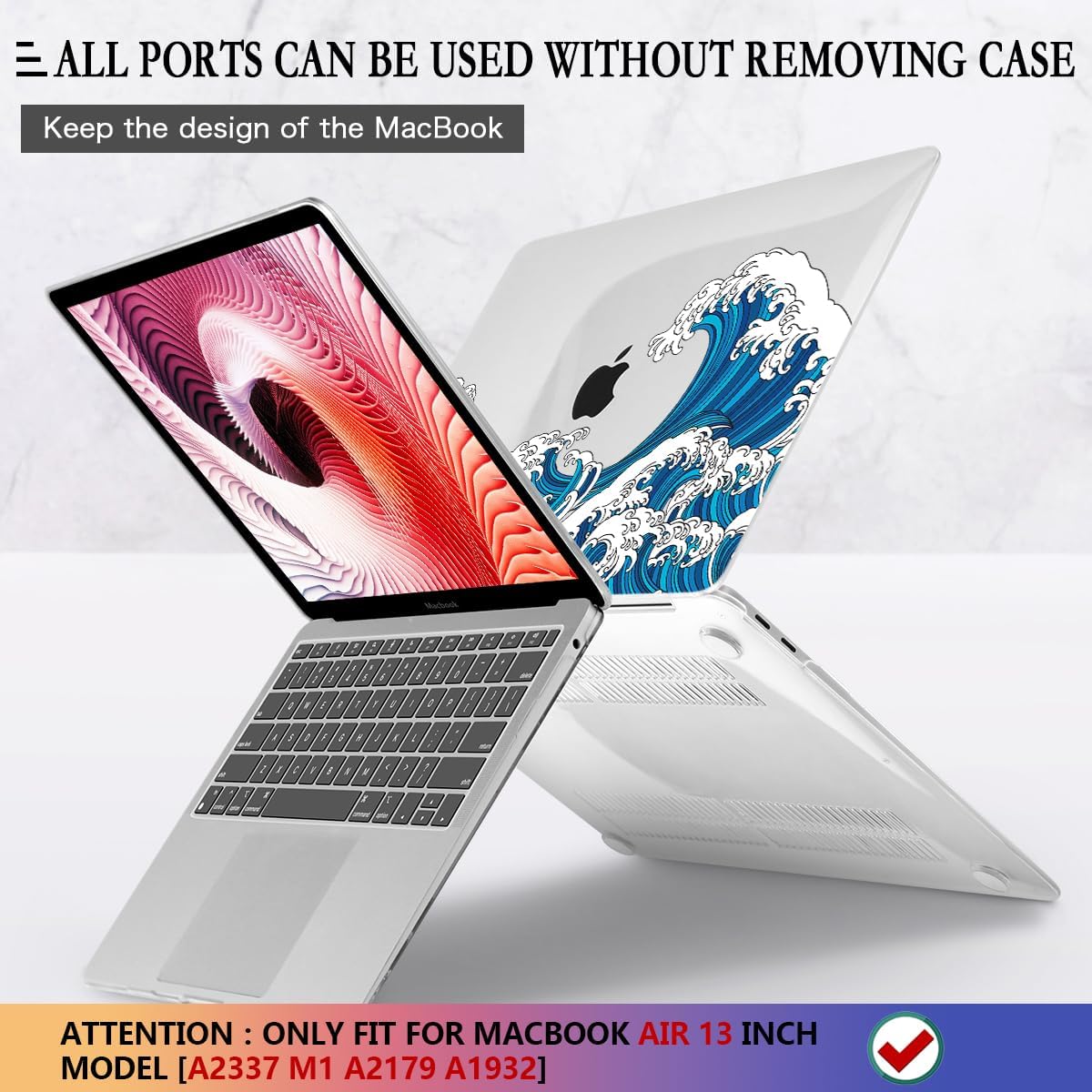 CISSOOK Wave Case for MacBook Air 13 inch Case 2021 2020 2019 2018 Release, Ocean Hard Shell Cover for MacBook Air 13'' with Touch ID A2337 M1 A2179 A1932 Model with Keyboard Cover + Screen Protector