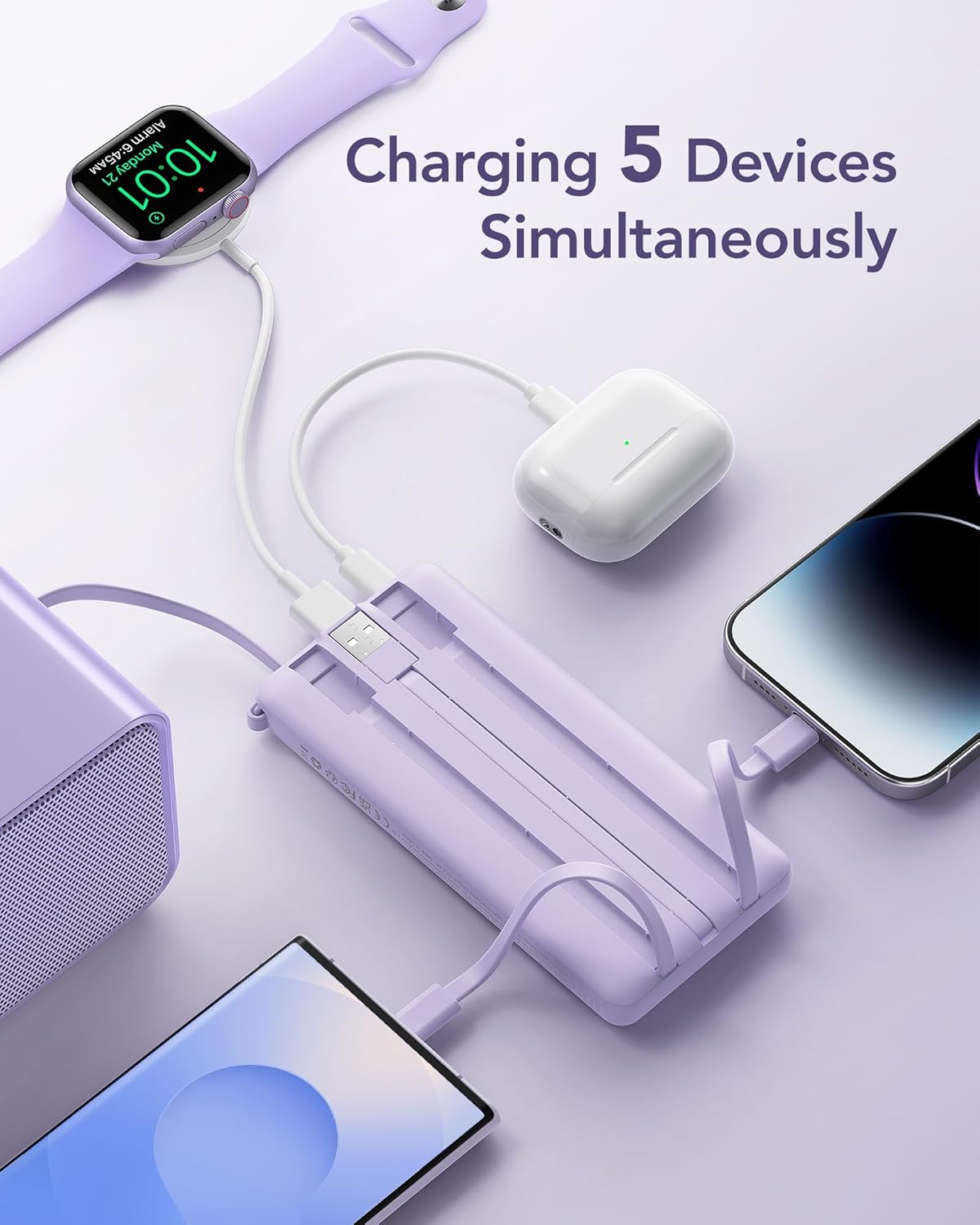 VRURC Portable Charger Power Bank, 10000mAh Travel Essentials Battery Pack, 5 Outputs 2 Inputs Slim Charging Bank Built-in Cables Cords Wires Compatible with iPhone,Samsung,Android-Lavender(1 Pack)