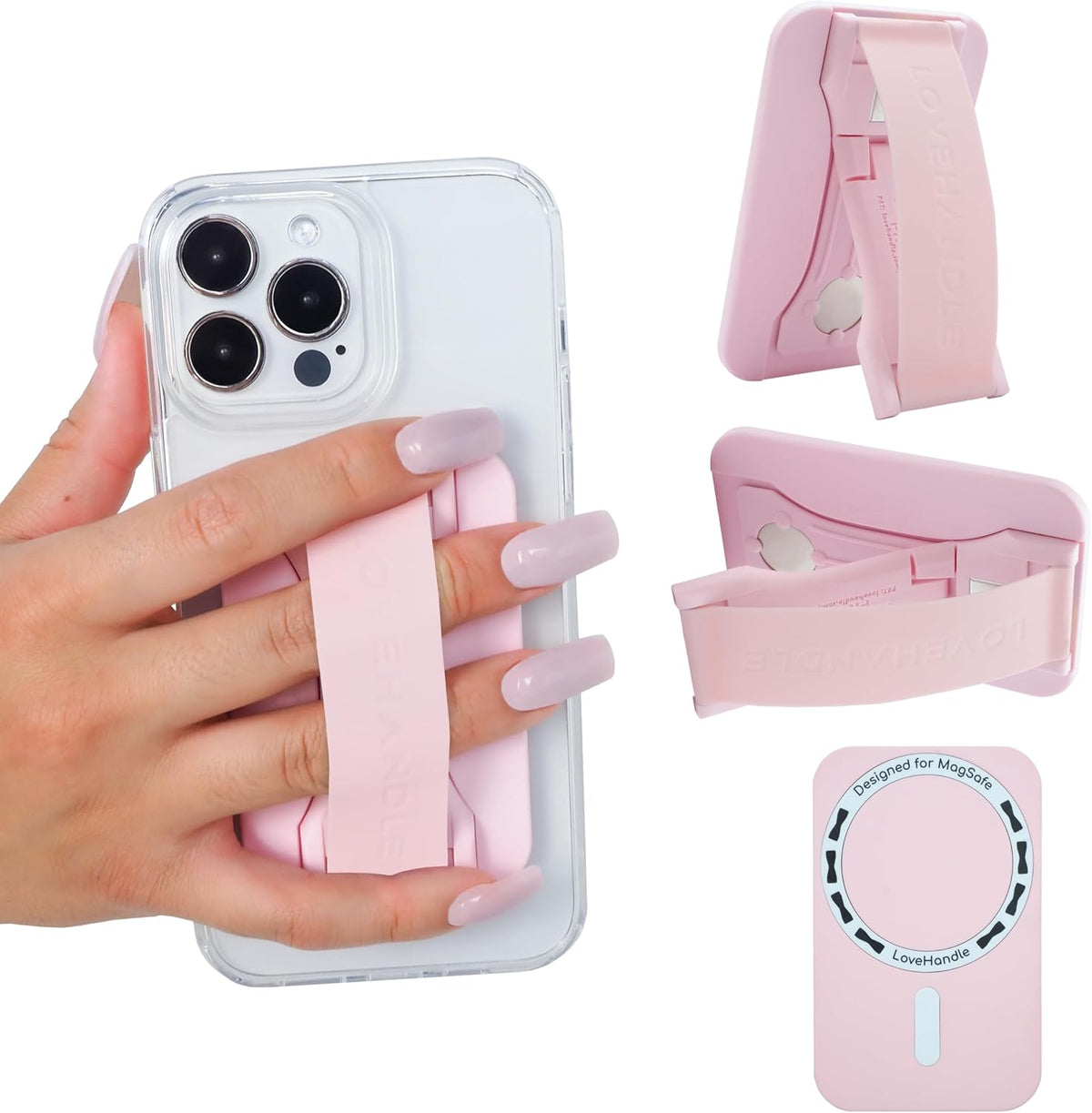 LoveHandle PRO MagSafe Compatible Magnetic Phone Grip w/Kickstand - Mount, Strap and Stand for Smartphone and Tablet - MagSafe Ring Included - Fits All Devices - Light Pink