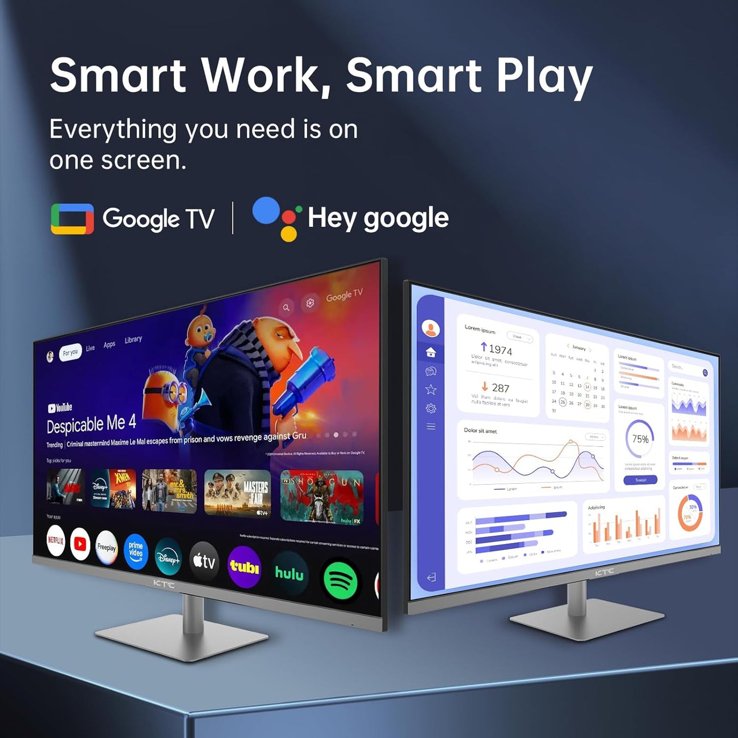 KTC 32 Inch 4K Smart Monitor with Google TV System UHD 3440x2560P Hey Google Voice Remote Netflix Licensed Dolby Audio HDR KVM Technology WiFi Bluetooth 65W PD Type C Fast Charger VESA Support