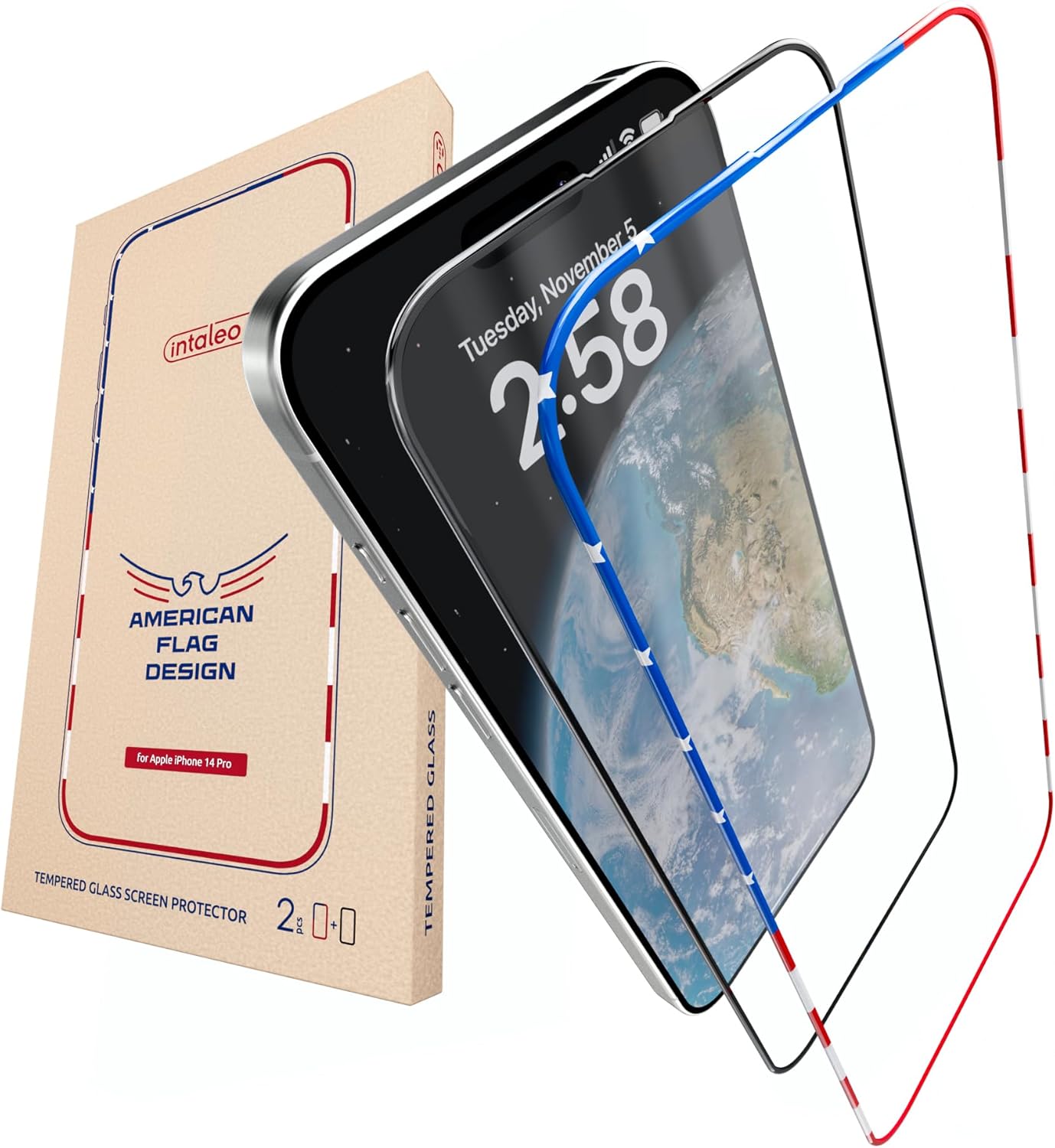 Screen Protector for iPhone 14 Pro - 2 Pack (USA Flag & Classic Black) Tempered Glass Screen Protector - Full Coverage, 9H Hardness, Anti-Fingerprint, Easy Installation