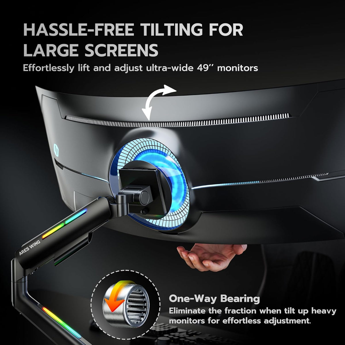 Ultrawide Monitor arm for 17-49'' Heavy Duty Screen up to 44lbs, Gas Spring Single Monitor Arm with RGB Light, Adjustable Gaming Computer Monitor Arm for Desk, Black