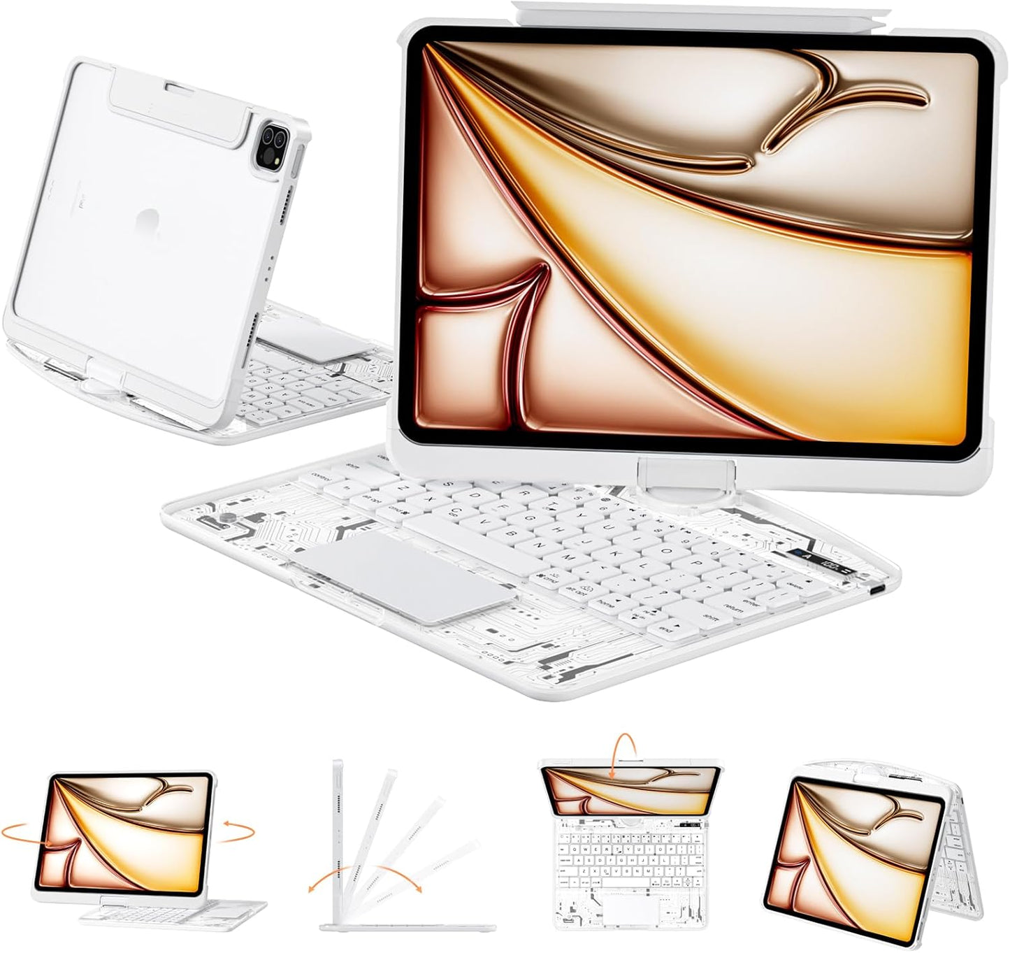 Transparent Case with Keyboard for iPad 11th Gen 11 Inch.(A16, 2025) & 2022 iPad 10th Gen 10.9 Inch,7-Color Backlit,Wireless Keyboard, 360°Rotating,with trackpad,Pencil Holder,with Shortcuts,White