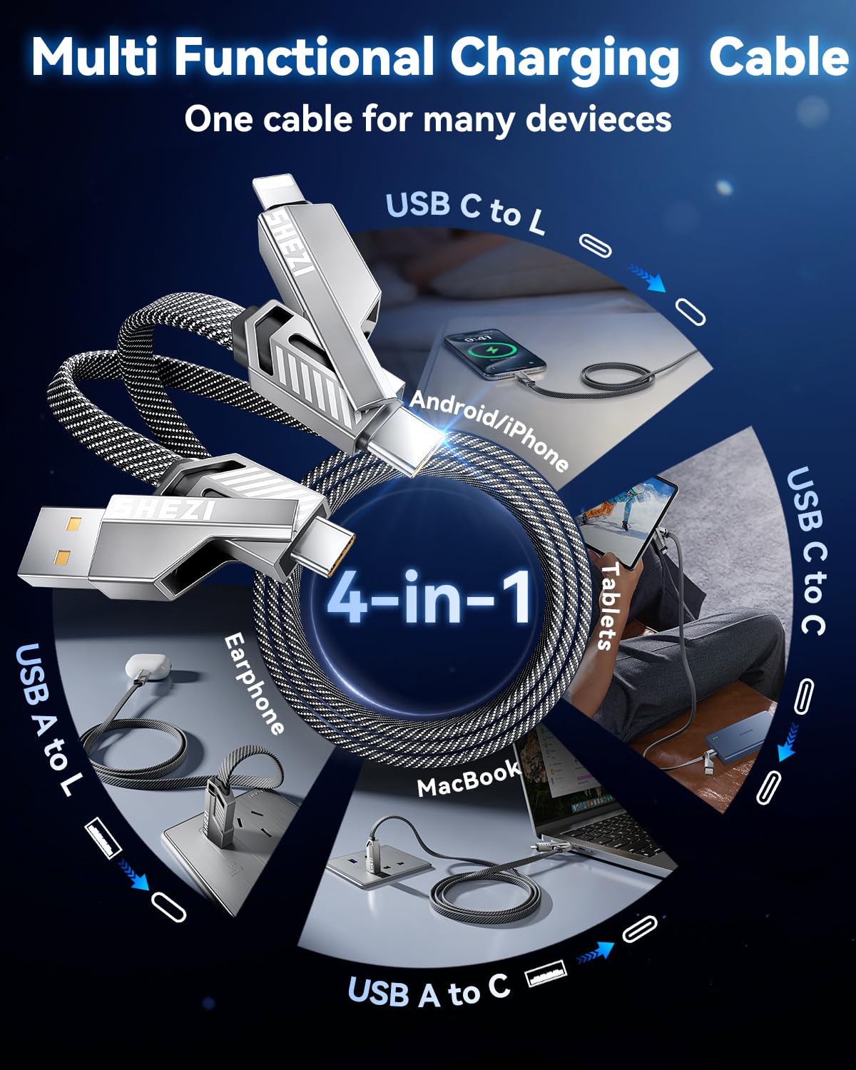 [One is Enough] 4-in-1 Compatible with USB C to Lightning Cable, 65W High-Speed Charging & Fast Data Transfer,CarPlay & Android Auto Support Multi Charger Cord Combo for iPhone/Samsung/iPad,5FT
