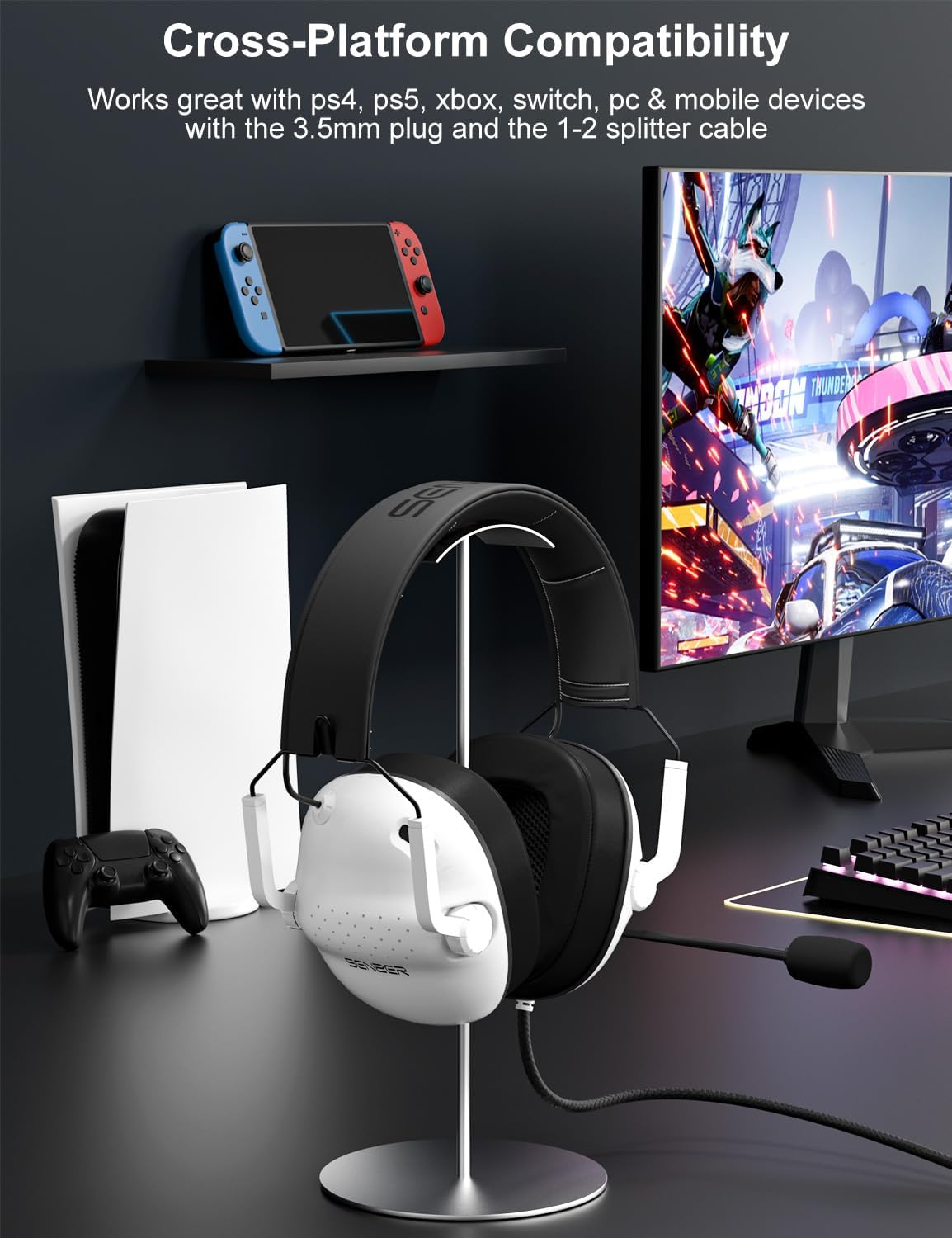 SENZER SG500 Surround Sound Pro Gaming Headset with Noise Cancelling Microphone - Soft Memory Foam Padding - Portable Foldable Headphones for PC, PS4, PS5, Xbox One, Switch - White