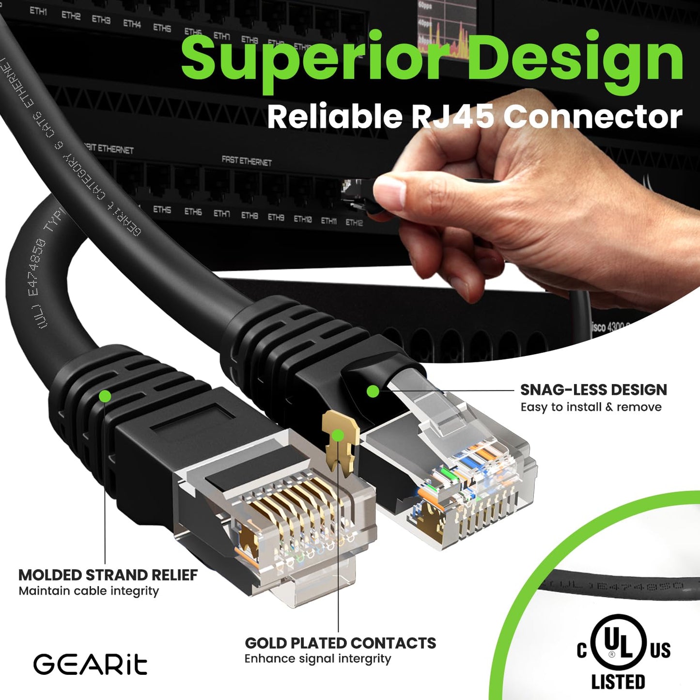 GearIT Cat 6 Ethernet Cable Pack - 10-Pack 1 ft Cat6 Ethernet Patch Cables | RJ45 Network Patch Cable, 10 Gbps Snagless Gold-Plated Connectors - Ethernet Cable Cat 6 for PC, TV, Router - Black