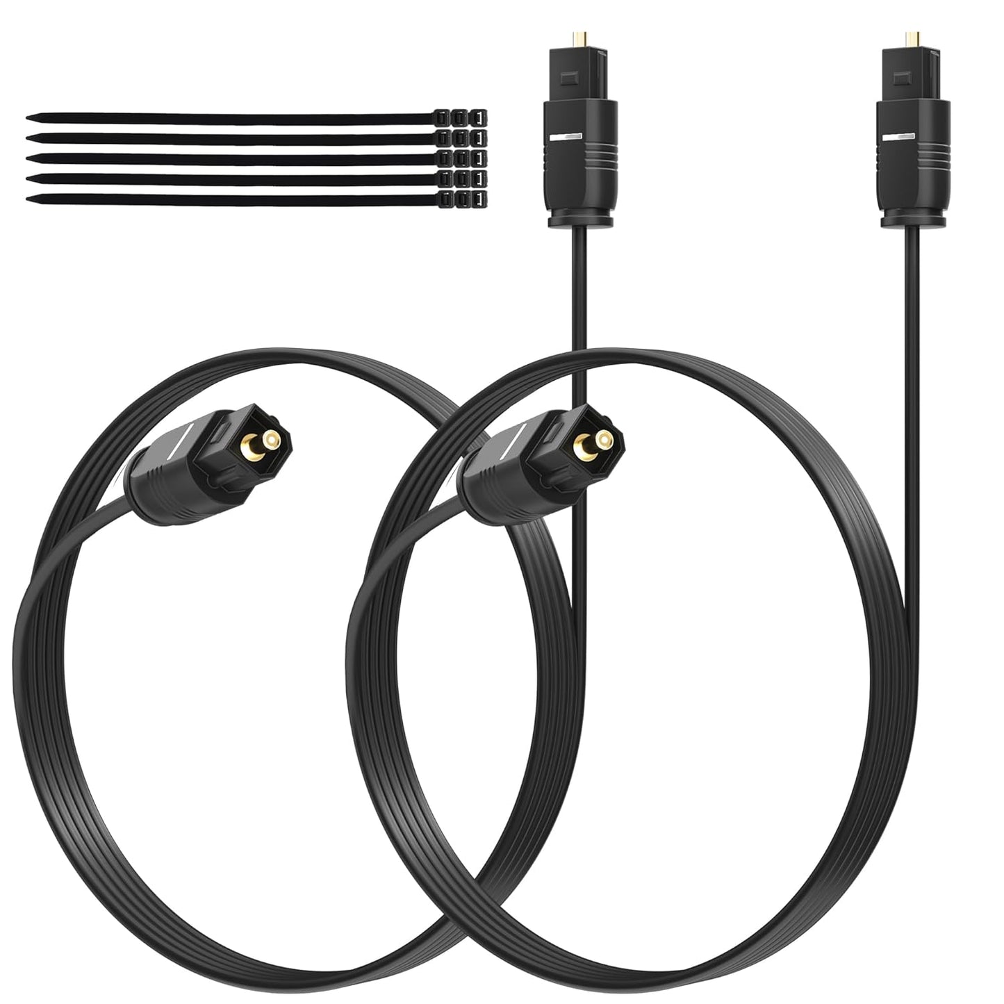 Adoreen Ultra-Thin Slim Digital Optical Audio Cable 6 FT/2 Pack, Fiber Optic Toslink SPDIF Cord Gold-Plated High-Speed Flexible & Durable for TV Soundbar Home Theater Game Console PS4 Xbox +Ties