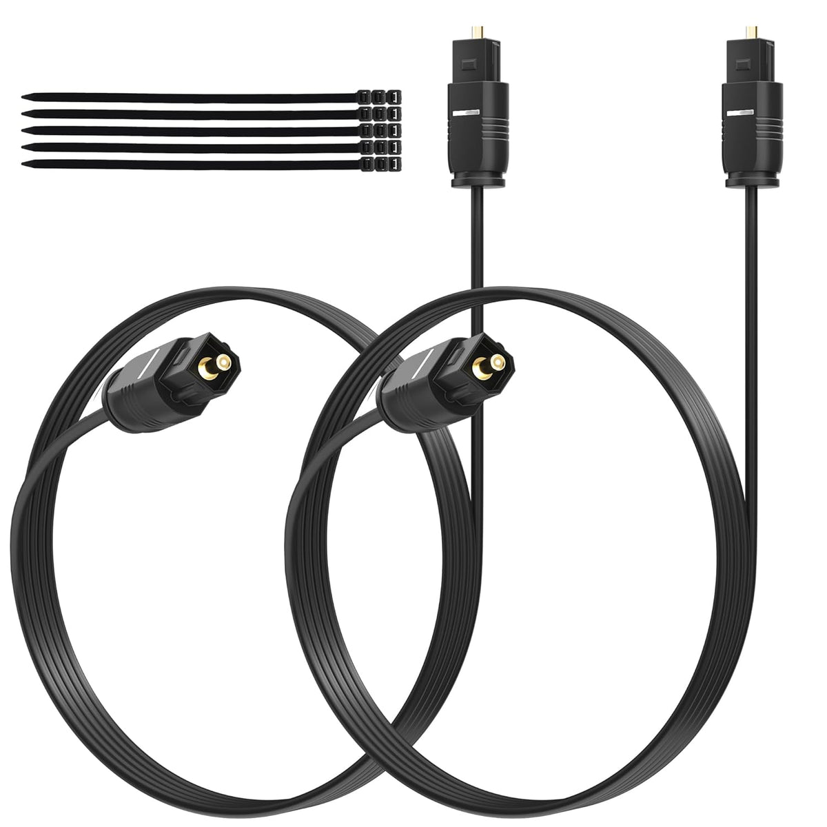 Adoreen Ultra-Thin Slim Digital Optical Audio Cable 10 FT/2 Pack, Fiber Optic Toslink SPDIF Cord Gold-Plated High-Speed Flexible & Durable for TV Soundbar Home Theater Game Console PS4 Xbox +Ties